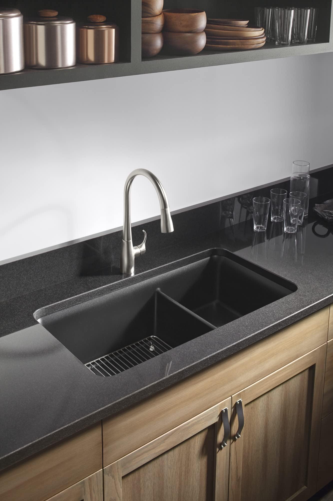 Kohler KOHLER K-8204-CM1 Cairn Sink, 33\" Neoroc Composite Undermount Double-Bowl Kitchen Sink, Composite Kitchen Sink with Sink Rack, Matte Black