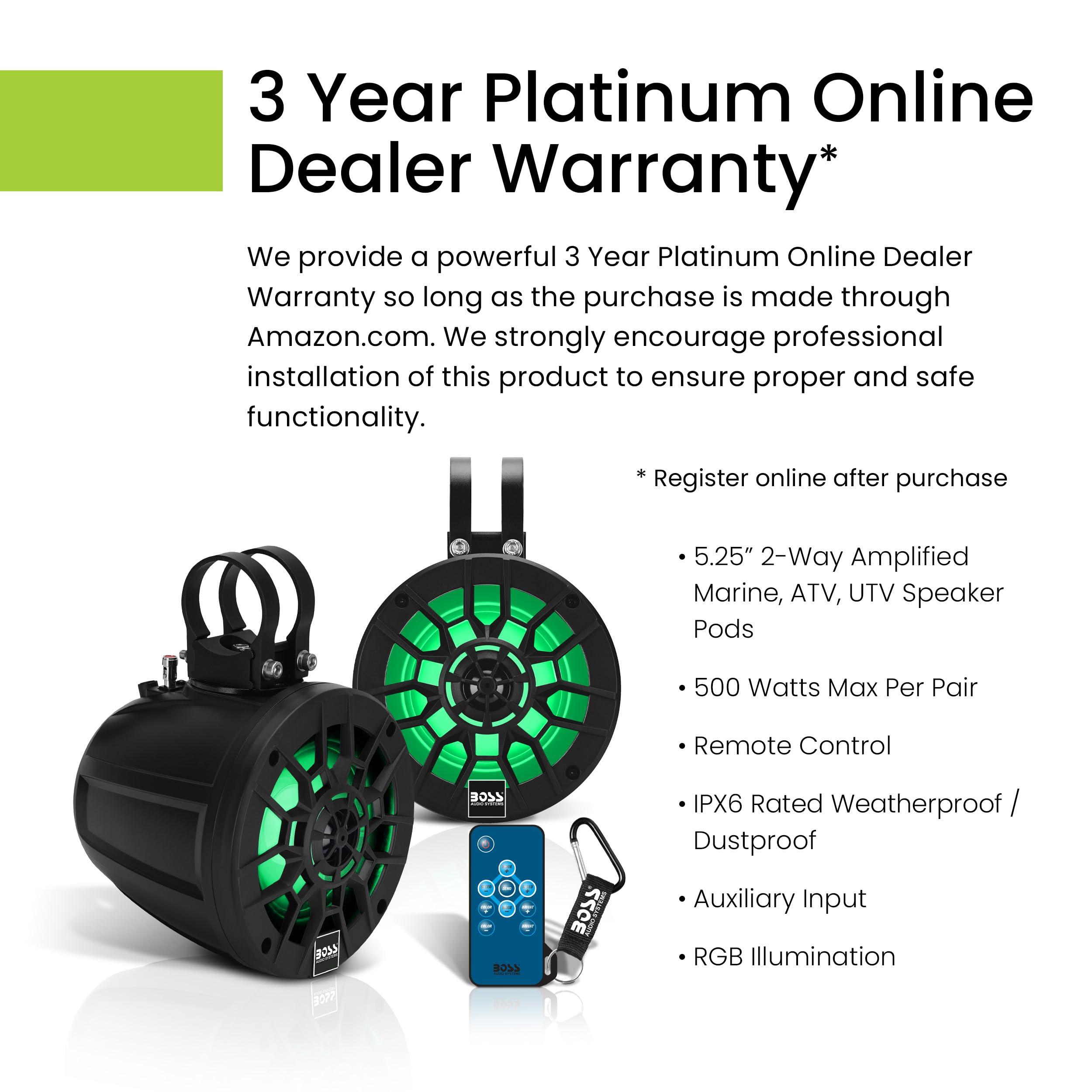 BOSS Audio Systems BOSS Audio Systems MPWT50RGB ATV UTV Marine Boat 5.25 Inch Stereo Wake Tower Speakers Full Range, 2 Way, IPX6 Weatherproof, Multi-Color Illumination, 500 Watts Per Pair, Golf Cart Compatible