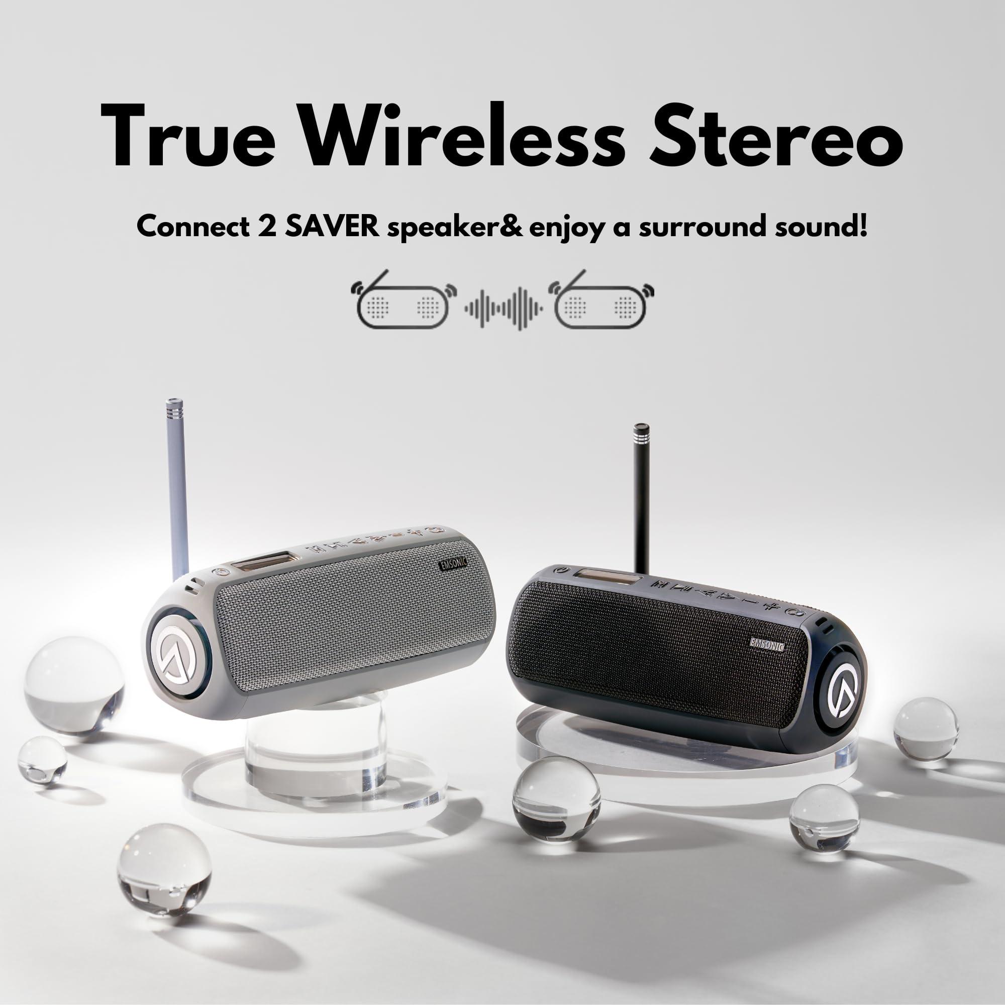 Emsonic Saver By Emsonic - Portable Bluetooth Speaker, Waterproof Speaker with Carbon Monoxide Detector & FM Radio - 24-Hour Playtime, 40W Powerfull Sound & Deep Bass - Orange