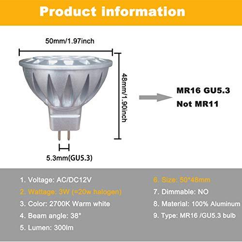 ALIDE ALIDE Short MR16 GU5.3 LED Bulbs 3W(Height 1.9inch),Replace MR16 20W 30W Halogen,12V Low Voltage,2700K Soft Warm White MR16 Spotlight Bulb for Outdoor Landscape Yard Track Lighting,300lm,38 Deg,6 Pack
