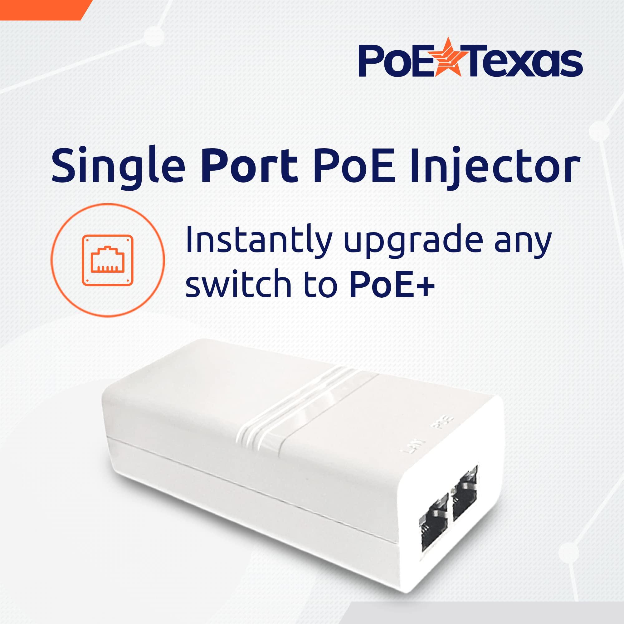 PoE Texas Poe Texas PoE Injector - Single Port PoE+ Power Over Ethernet PoE Adapter for 802.3at - 10/100/1000 Gigabit Data with Integrated 52V 30W Power Supply - Plug & Play USB-C Tablet, IP Camera, VoIP