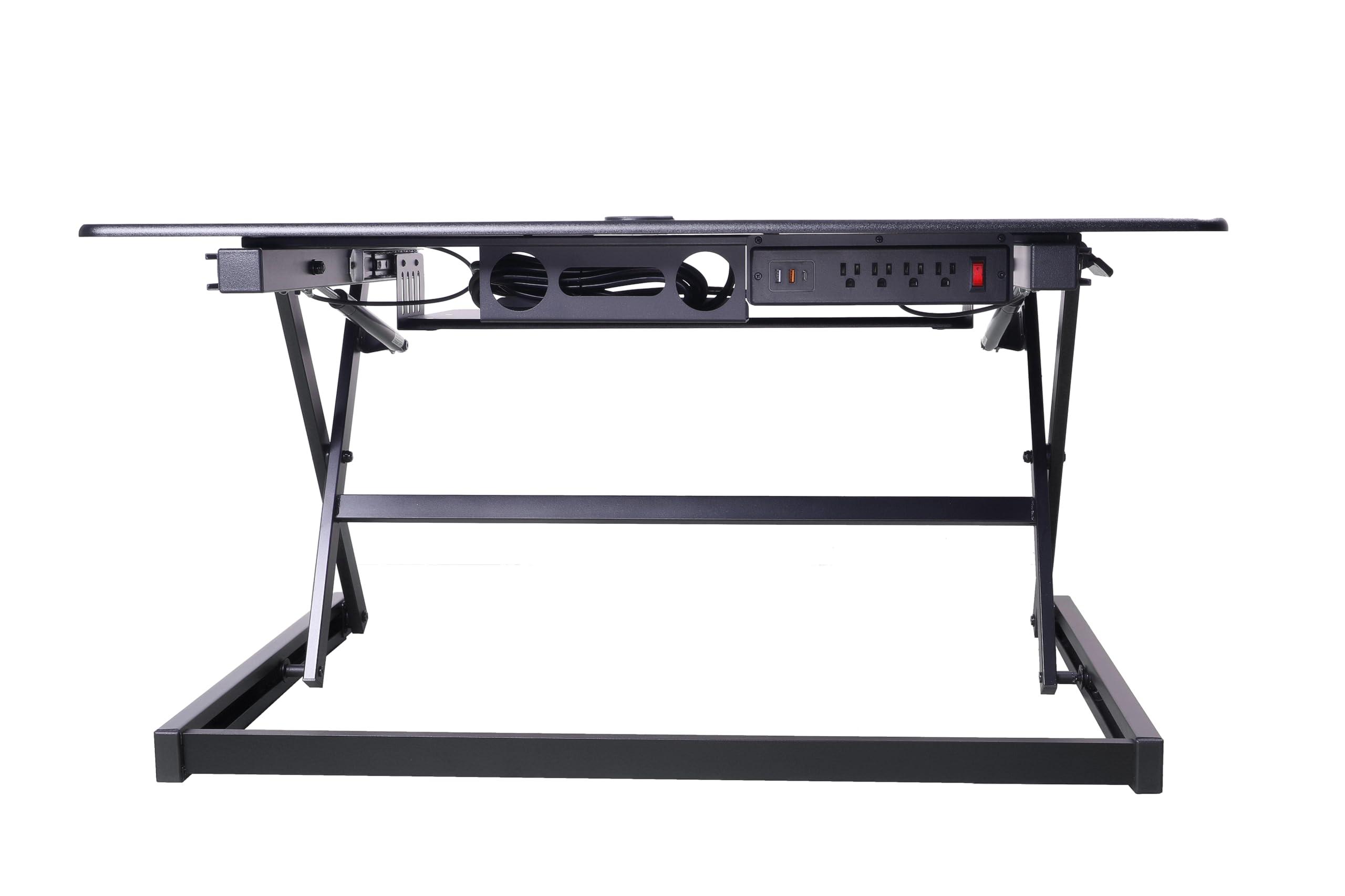 Rocelco Rocelco 40" Height Adjustable Standing Desk Converter with AC Outlet and USB Charger - Gas Spring Sit Stand Up Dual Monitor Tabletop Riser Workstation - Large Keyboard Tray - Black (R DADRB-40-ACUSB)