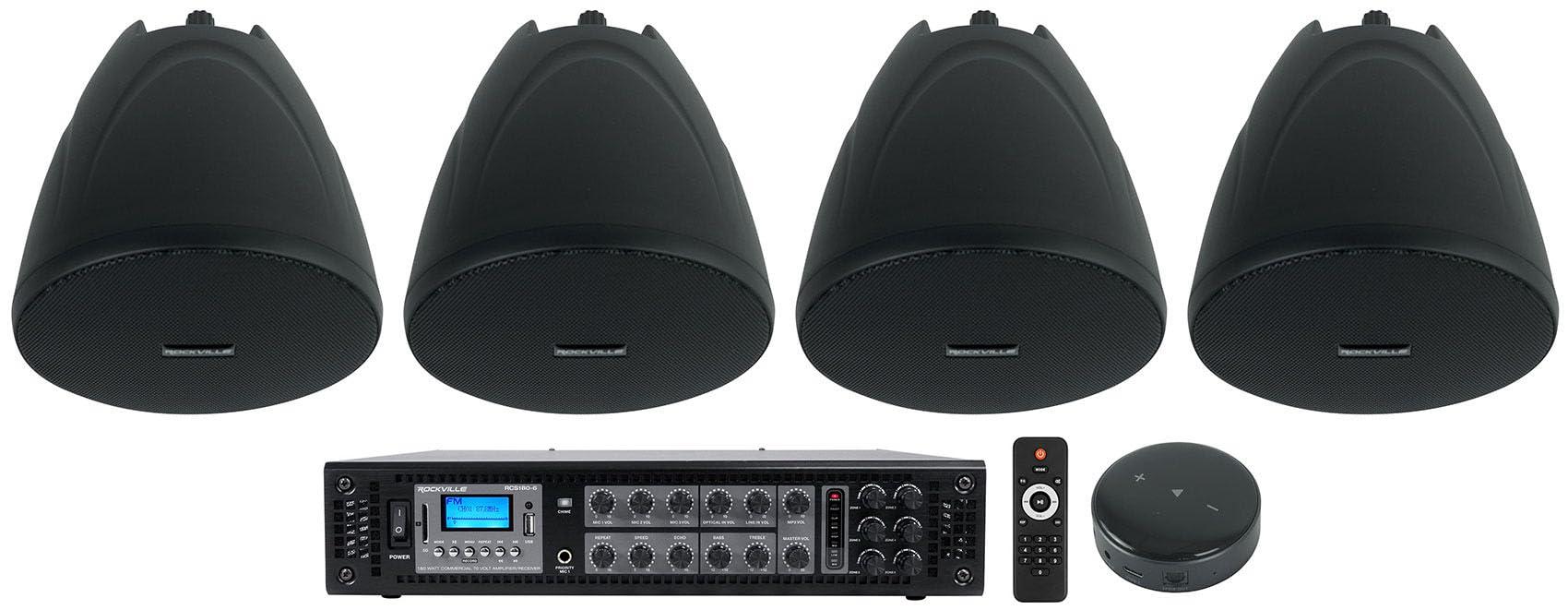 Rockville Rockville (1) RCS180-6 180 Watt 6 Zone 70v Commercial/Restaurant Amplifier/Bluetooth Bundle with (4) PEN-40T Black 4" 70V Hanging Pendant Speaker + (1) Rockville Mini WiFi Receiver (6 Items)