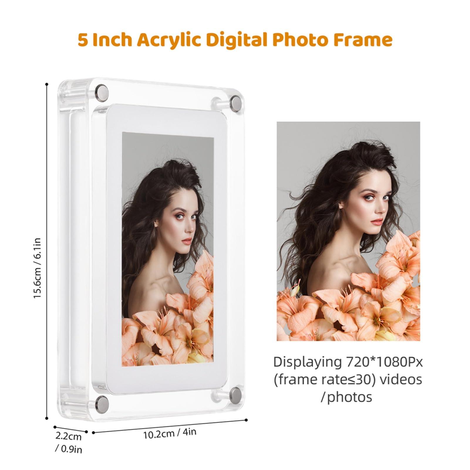 ZJchao Digital Picture Frame, 5 Inch Acrylic Digital Photo Frame Digital Photo Frame Picture Frames with Auto Rotation Cleaning Cloth for Home Office Decor Display Vid Photos Music