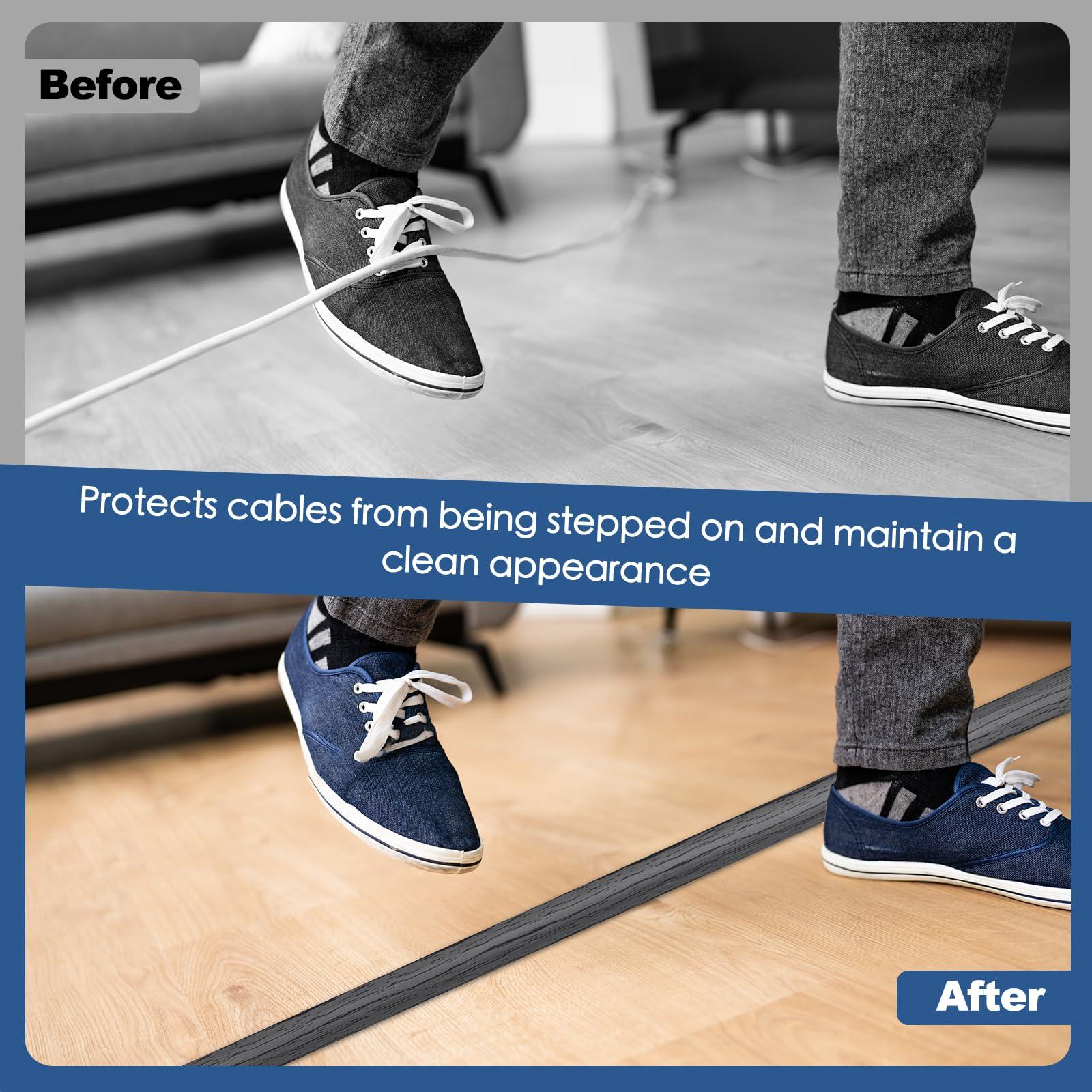 EYAYEN Floor Cord Cover for Wires on Floor Self Adhesive Cord Hider Floor Cable Management Wire Covers for Cords Protector Prevent Cable Trips Cord Cavity W 0.51\" x H 0.31\", Deep Gray Wood, 20Ft