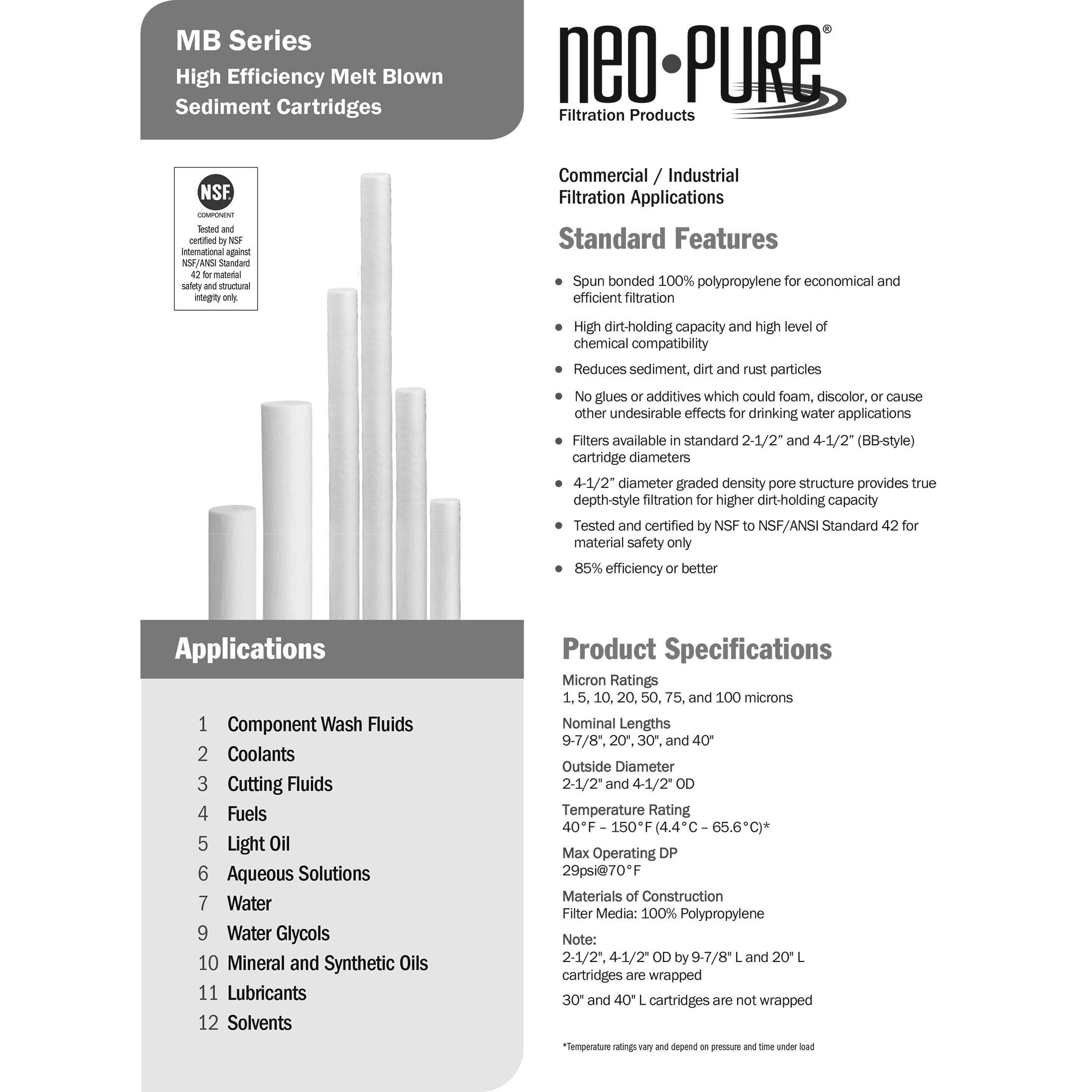 Neo-Pure Neo-Pure MB-25098-05 5-Micron Polypropylene Sediment Depth Filter for Water Filtration Systems, Compatible with 10\" Standard Housings, Removes Dirt, Sand, and Rust