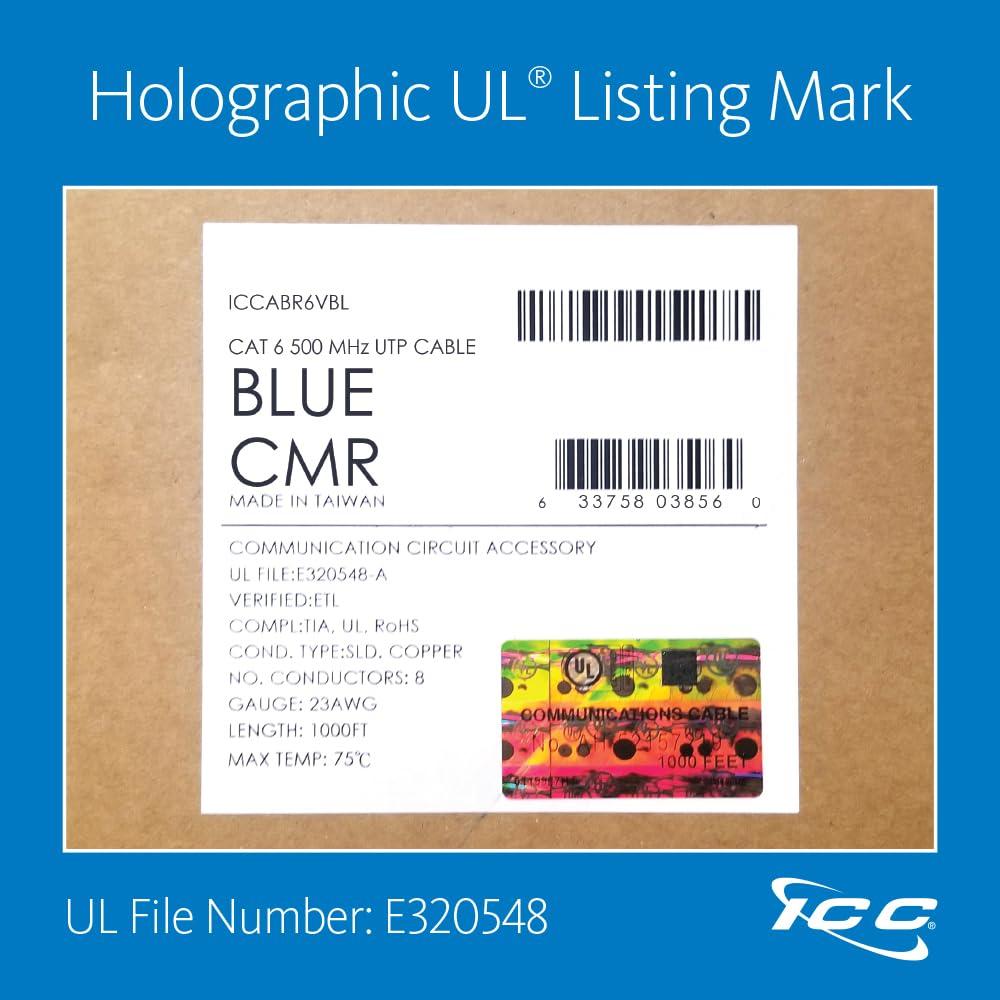 ICC ICC Cat6 CMR Riser 1000ft - UTP 23AWG, 100% Solid Pure Copper, Unshielded, Bulk Ethernet Cable, PoE++, 500MHz, Reelex Pull Box, UL Certified, RoHS and TAA Compliant, Blue