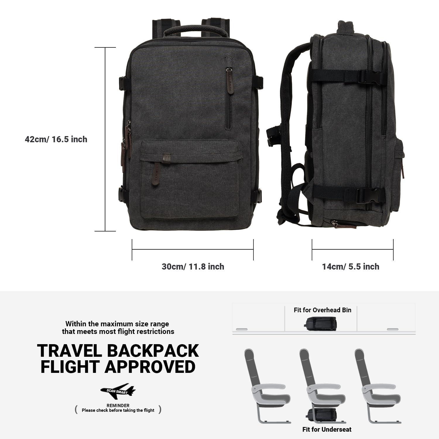 KAUKKO KAUKKO Canvas Travel Backpack, Personal Item Airline Approved, Carry On Backpack with Multi-Pockets and Shoe Pouch, fit 15.6 inch Laptop, 40L Weekender Bag, 11-BLACK