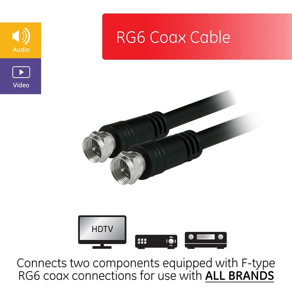 GE GE RG6 Coax Cable, 6ft, F-Type Connectors, Screw-On Installation, No Tools Required, Black 33626