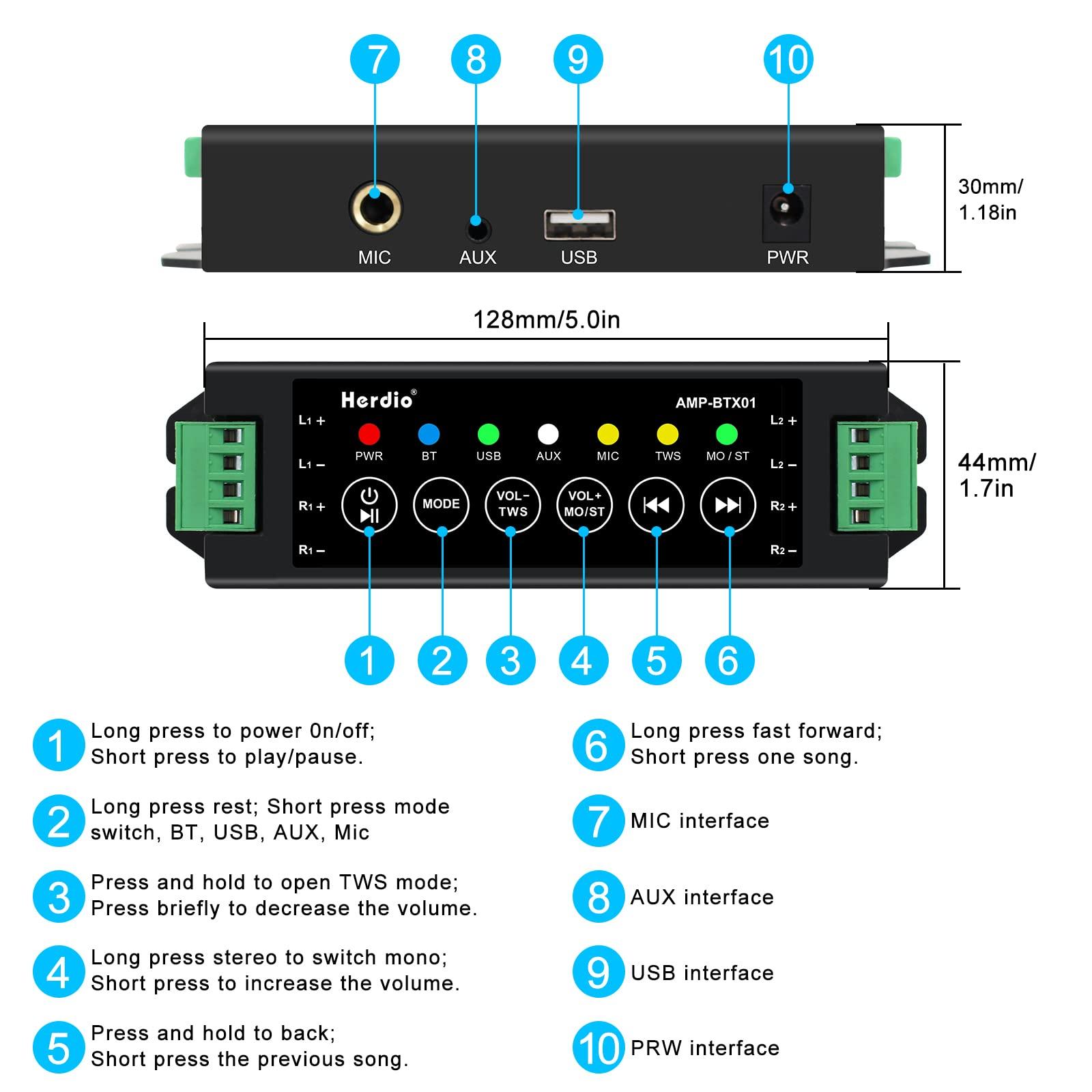 Herdio Herdio 6.5 inch 800W Outdoor Bluetooth Speakers Waterproof Wall Mounted Sound System with Multifunctional Amplifier, Powerful Bass & Stereo Sound, Easy to Install, for Patio Deck Porch (2 Pairs Black)
