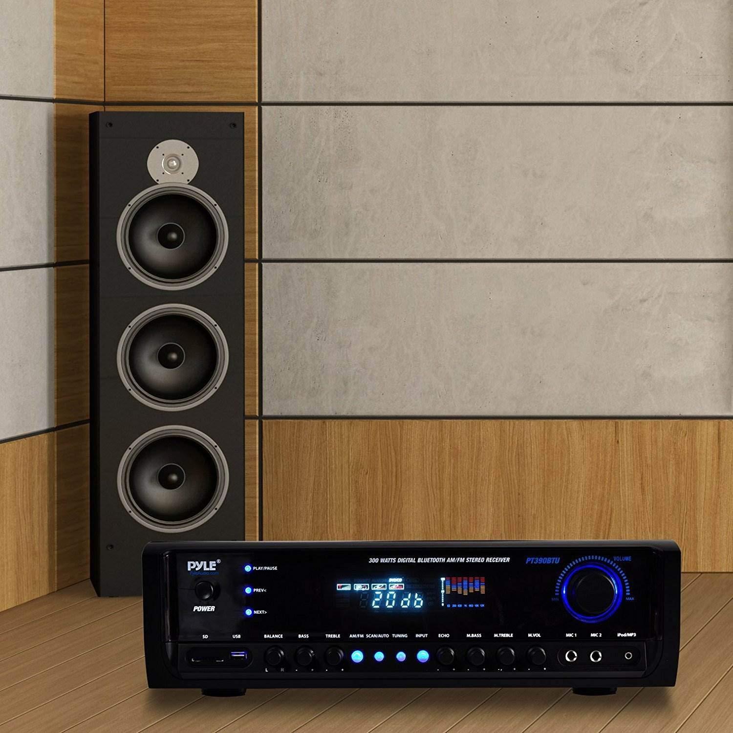 Pyle Pyle Wireless Bluetooth Power Amplifier System- 300W 4 Channel Home Theater Audio Stereo Sound Receiver Box Entertainment w/ USB, RCA, 3.5mm AUX, LED, Remote for Speaker, PA, Studio, Black - PT390BTU