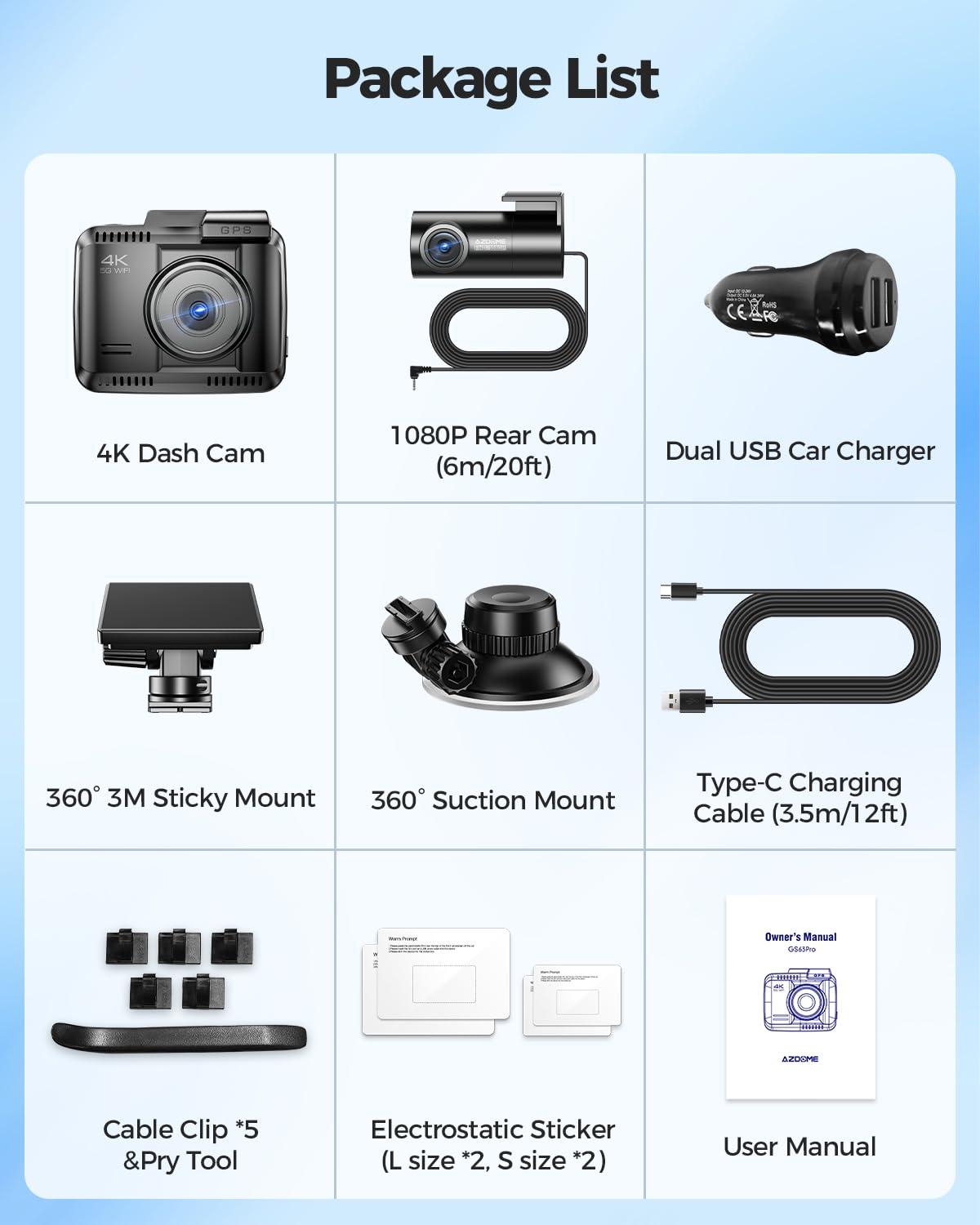 AZDOME AZDOME 4K HDR Dash Cam with No-Light Full-Color Night Vision, 128GB eMMC, ADAS, 4K+1080P Dashcam Front and Rear, 5GHz WiFi GPS 24H Parking Mode Car Camera, GS63Pro