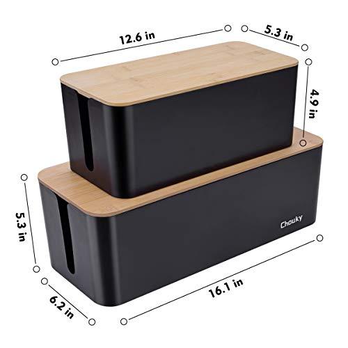 Chouky 2 Pack Large Cable Management Box  Wooden Style Cord Organizer Box and Cover for TV Wires, Computer, Router, USB Hub and Under Desk Power Strip  Safe ABS Material and Baby-Pets Proof Lock (Black)