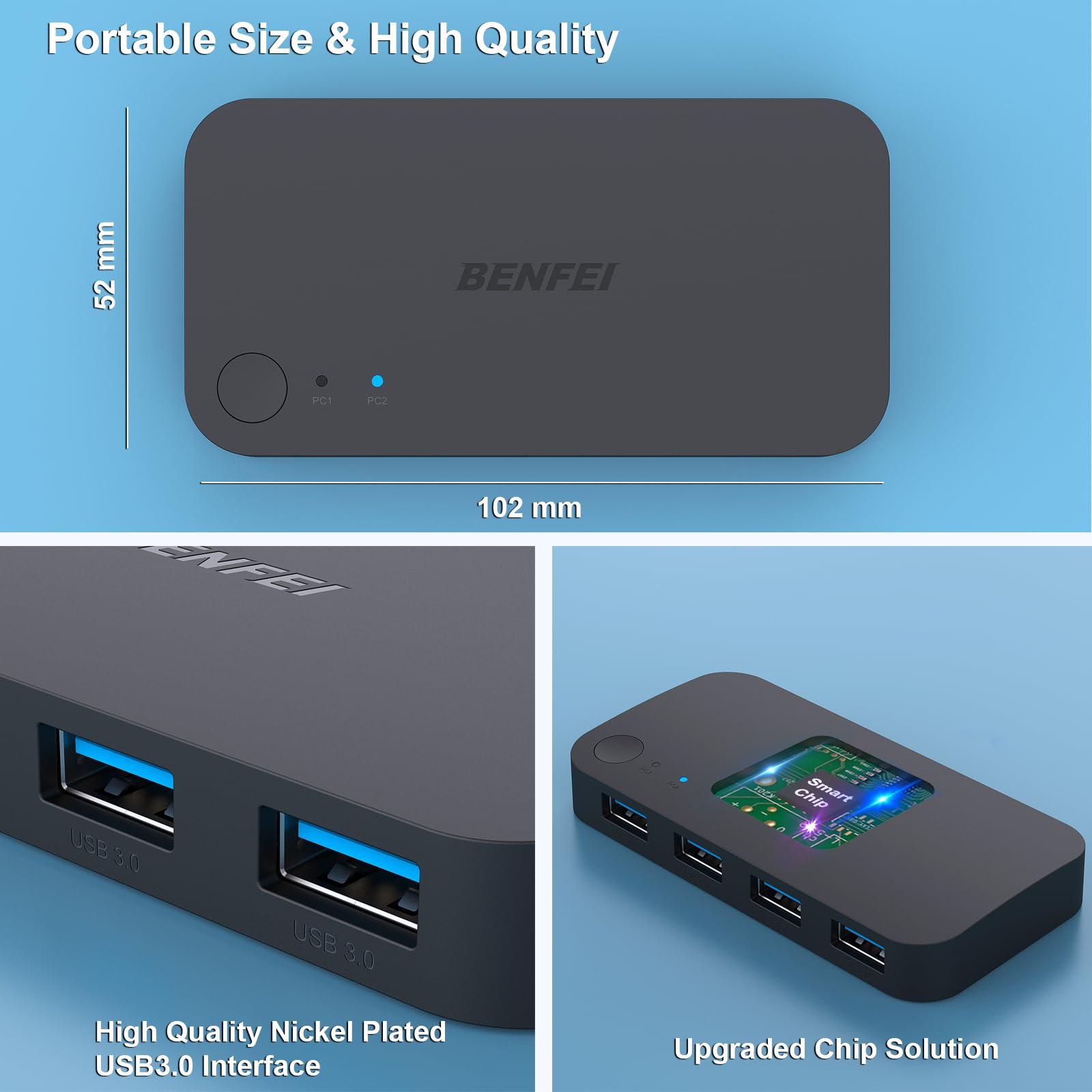 BENFEI USB 3.0 Switch, USB Switch 2 Computers Share 4 USB for PC, Mouse, Keyboard, Printer, Scanner, USB KVM Switch Selector Compatible with Windows, Mac, Linux