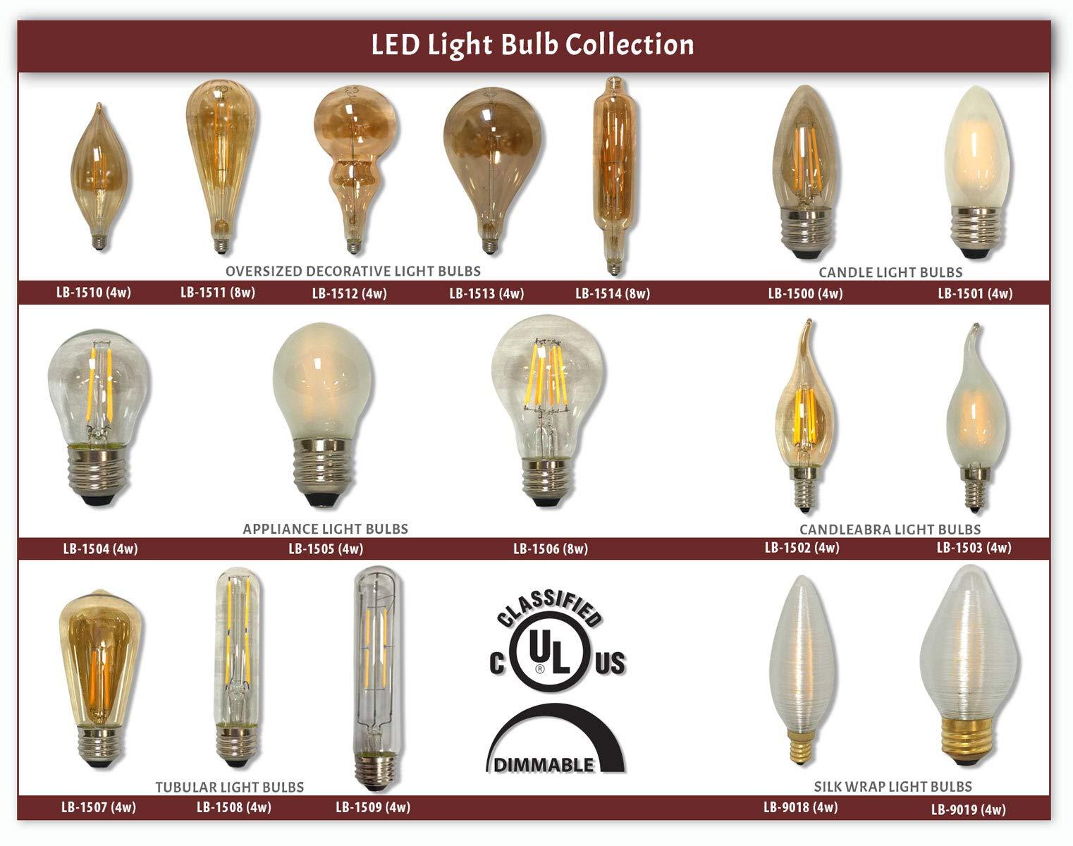 Royal Designs, Inc. Royal Designs, Inc. Vintage Dimmable Silk Wrapped Torpedo Shaped LED Light Bulbs, E12 Candelabra Brass Base, 130V, 4W, Set of 6