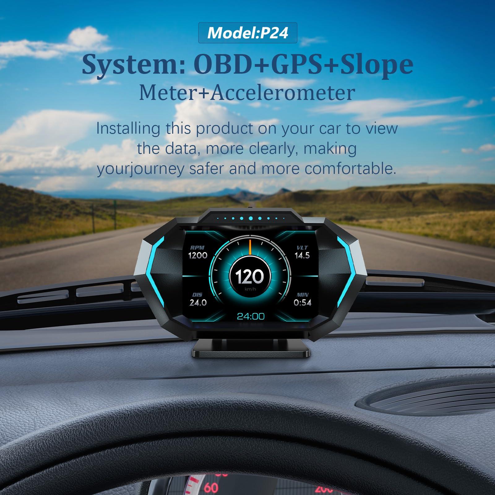 AZIJYV AZIJYV Obd2 Gauge Display with Speed, Heads Up Display for Cars P24, Fuel Consumption, RPM, Overspeed Alarm, OBD+GPS Digital Speedometer Suitable for All Car