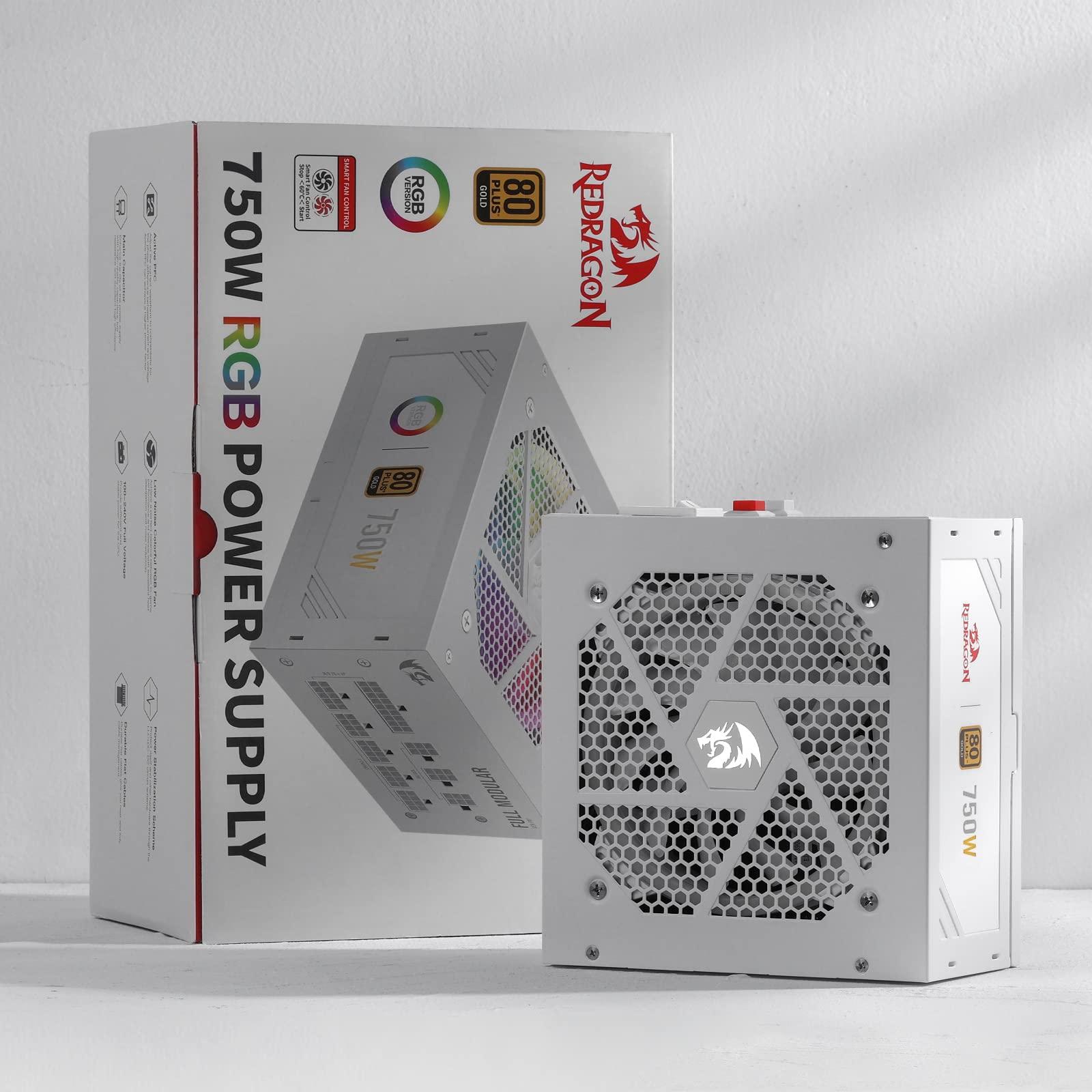 Redragon Redragon RGPS-750W 80+ Gold 750 Watt ATX Fully Modular Power Supply w/ 80 Plus Gold Certified, Compact 160mm Size and Low Noise RGB Fan 0 RPM, 100% Japanese Capacitors, Full Mod Cables, White
