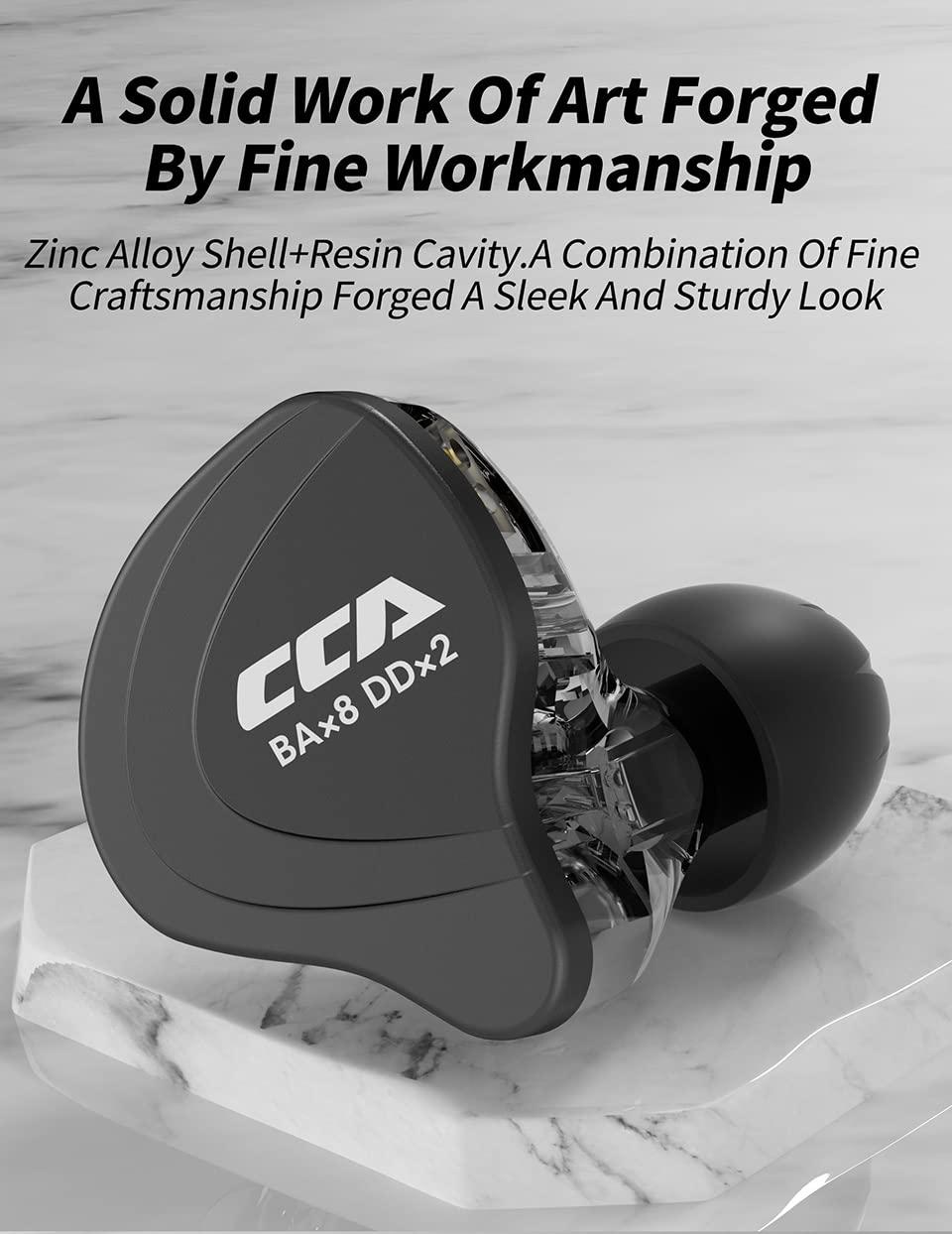 H HIFIHEAR CCA C10 IEMs Headphone 4BA+1DD Hybrid Driver HiFi in-Ear Monitors Earphones with Alloy Faceplace Detachable 2Pin OFC Cable Wired Earbuds for Stage Singer Musicians Audiophile (Matte Black,Without Mic)