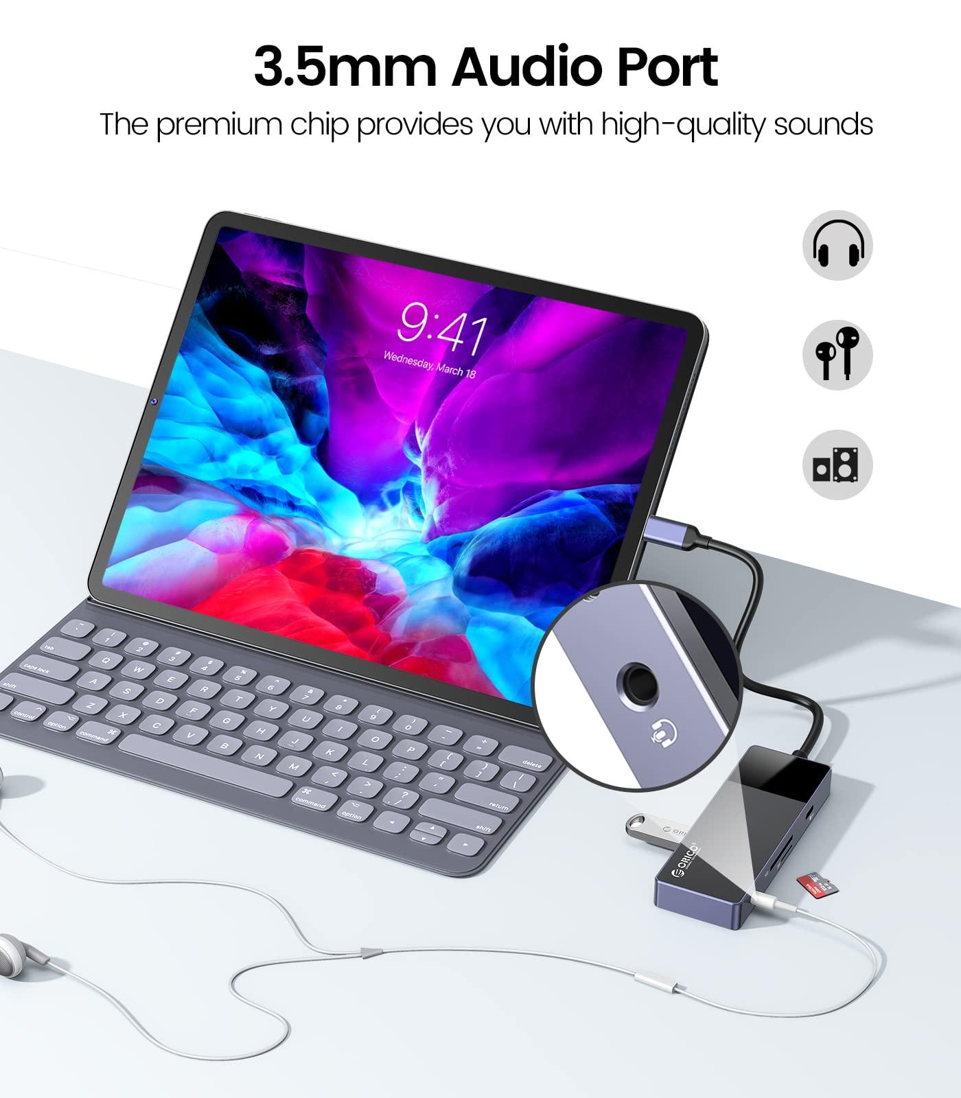 ORICO USB C Hub, ORICO 8 in 1 MacBook Docking Station Multiport Adapter with PD 100WHDMI 4K@30HzUSB-A3.03, SD/TF13.5mm Audio1 Compatible for Dell/Surface/HP/Lenovo Laptops