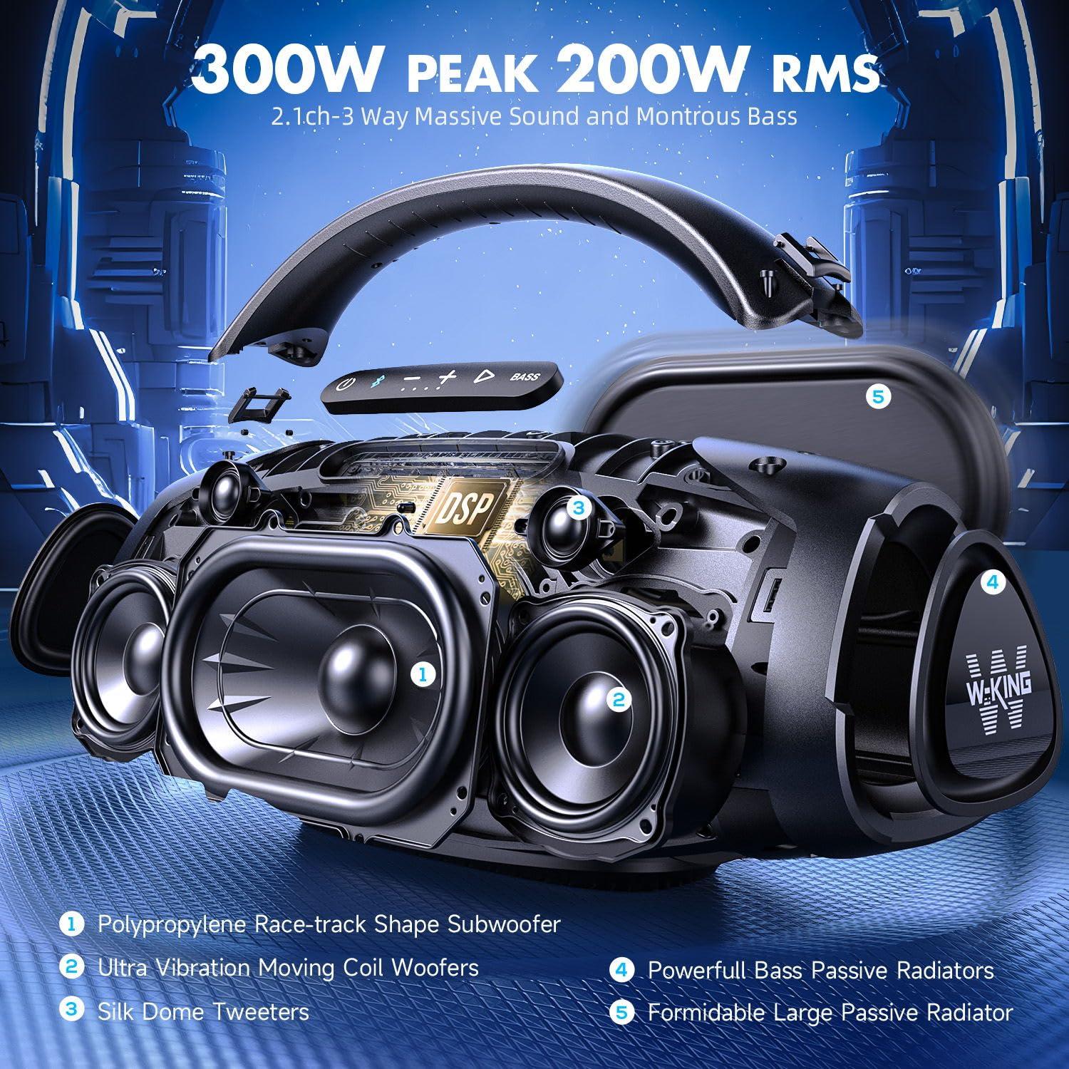 W-KING W-KING 300W Peak Large Bluetooth Speaker Loud, Massive Bass Boombox, IPX7 Waterproof Party Portable Speaker with Subwoofer 7.5\"/EQ APP/5-Drives/BT 5.4/Fast Charge/MIC-GTR in, Outdoor Wireless Speakers