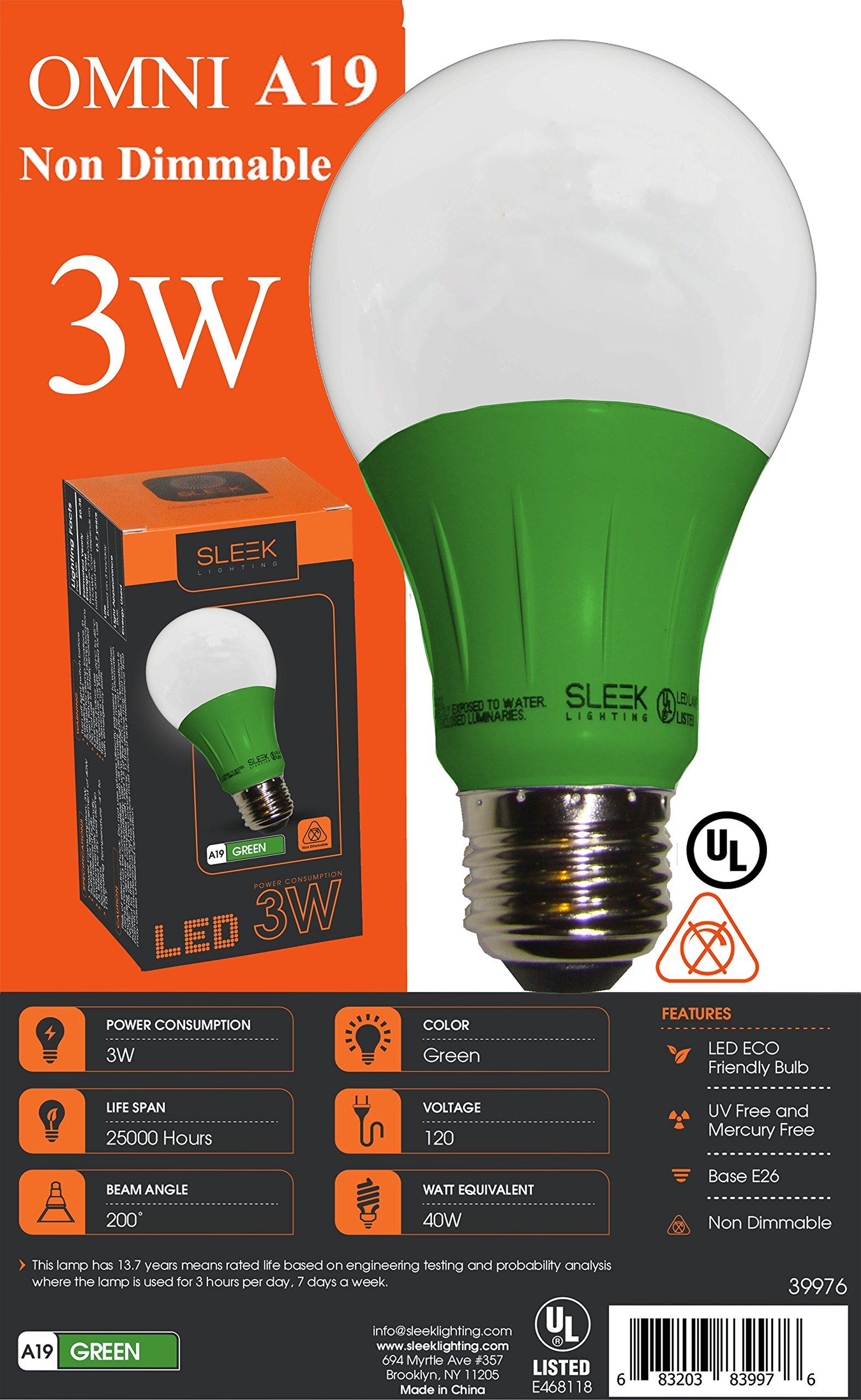 SLEEKLIGHTING SLEEKLIGHTING LED A19 Green Light Bulb, 120 Volt - 3-Watt Energy Saving - Medium Base - UL-Listed LED Bulb - Lasts More Than 20,000 Hours