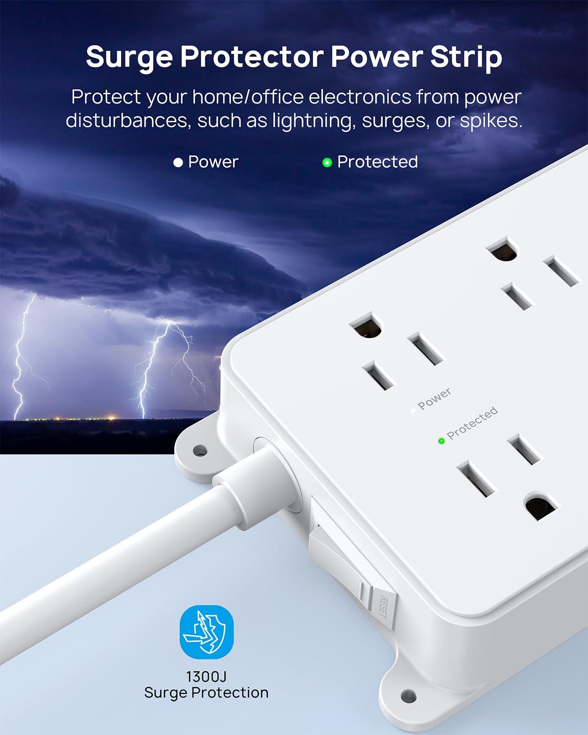 TROND TROND Power Strip with USB, Surge Protector Flat Plug with 5 Widely-Spaced Outlets and 3 USB Ports, ETL Listed, 1300J, Wall Mountable, 5ft Extension Cord, for Office Kitchen, White