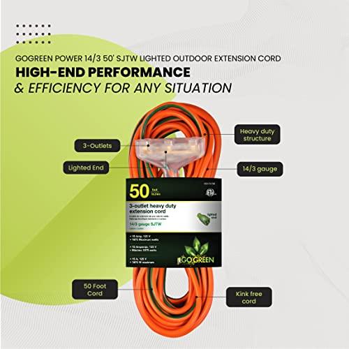 Go Green Power Inc. GoGreen Power (GG-15150) 14/3 50’ SJTW 3-Outlet Heavy Duty Extension Cord, Lighted End, 50 Ft