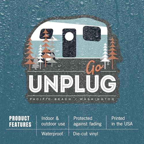 Lantern Press Die Cut Sticker Pacific Beach, Washington, Go Unplug, Vector Retro Camper, Vinyl Sticker 1 to 3 inches (Waterproof Decal for Cars, Water Bottles, Laptops, Coolers), Small