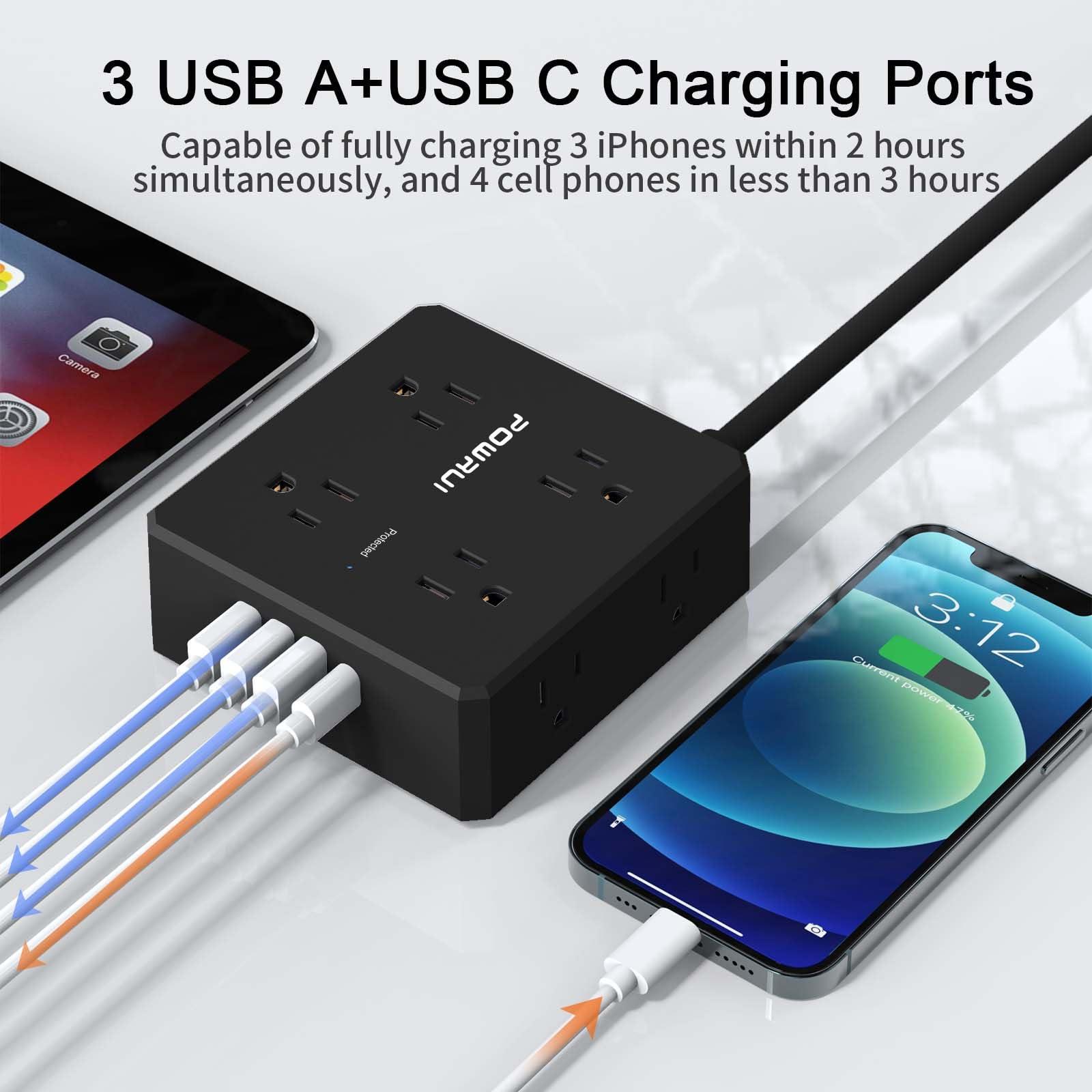 POWRUI Surge Protector Power Strip - 10 Ft Flat Plug Extension Cord with 8 Widely Outlets and 4 USB Ports(1 USB C), 3 Side Outlet Extender for Home Office, Black, ETL Listed