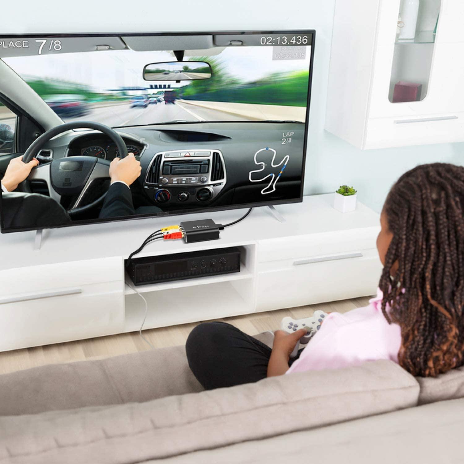 Runbod Runbod RCA to HDMI Converter, AV2Hdmi 1080P RCA Composite CVBS AV to HDMI Video Audio Converter Box for PS2 Wii Xbox VHS VCR Camera DVD Players, Support PAL/NTSC with USB Charge Cable (Black)