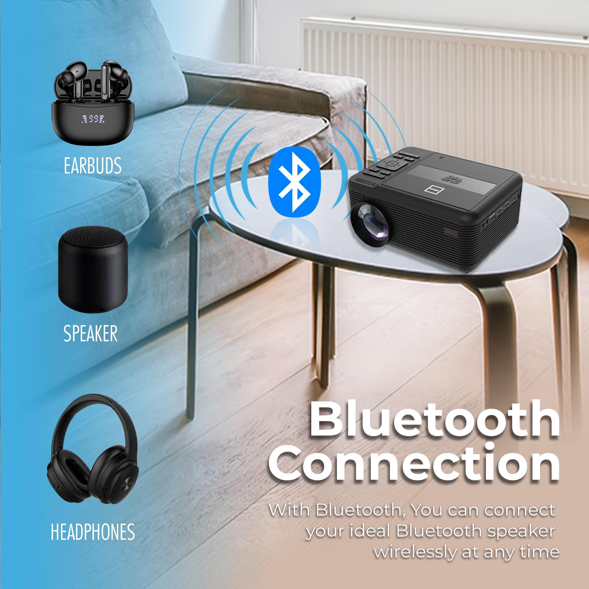 RCA RCA DVD PROJECTOR WITH SPEAKER BUILT IN - Mini Portable Projector with Bluetooth - Indoor/Outdoor Projector and Screen Package - HDMI/AV/VGA/Micro SD Compatible - Quiet Fan System - 1920x1080 Res