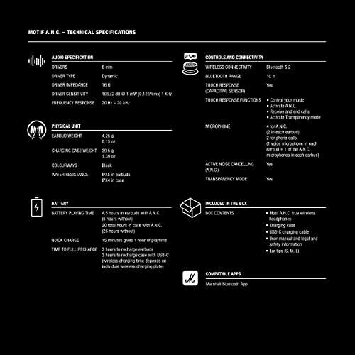 Marshall Marshall Motif True Wireless Noise Canceling Headphones, In Ear, Black