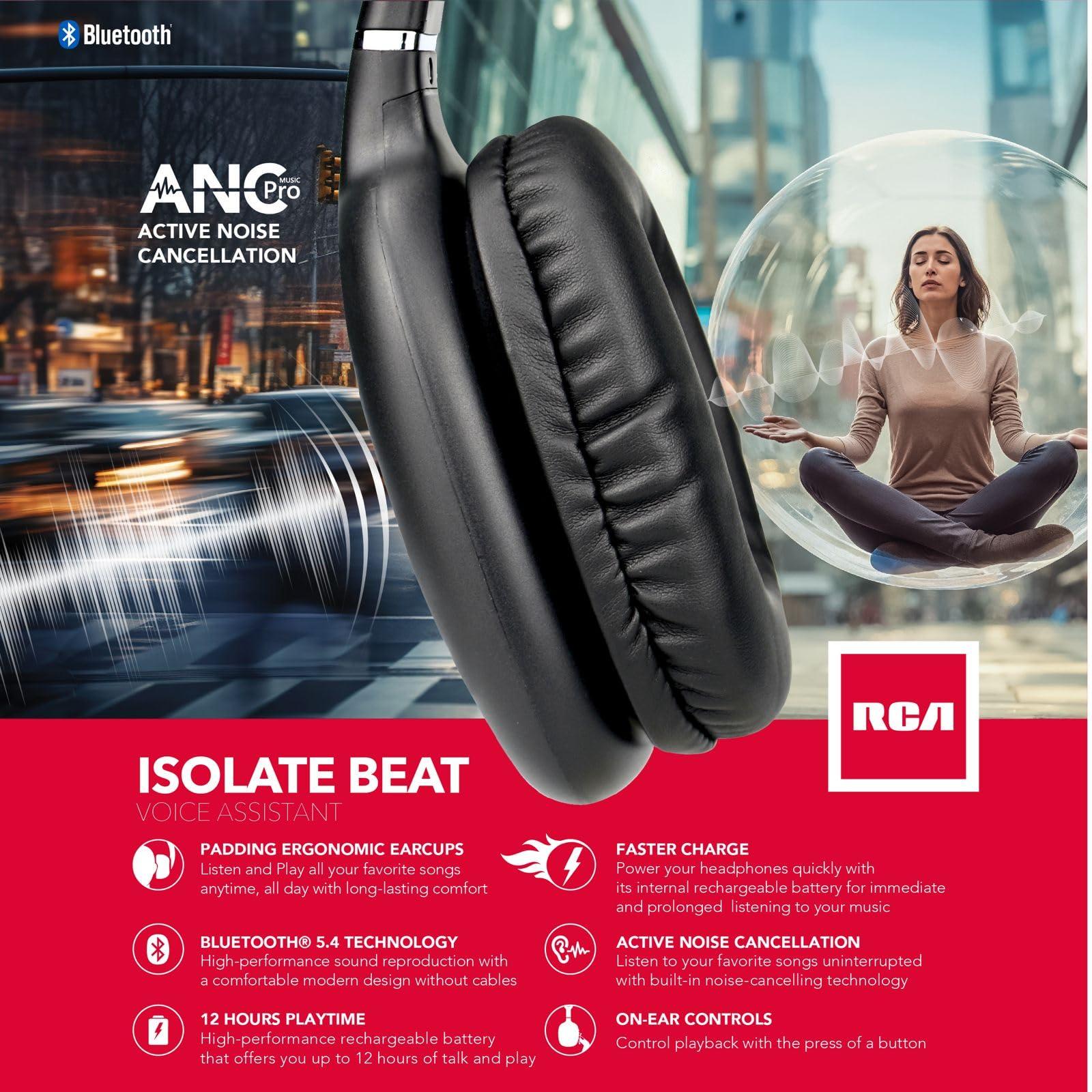 RCA RCA Wireless Bluetooth Headphones, Over Ear Noise Cancelling Headphones, Deep Bass, 12H Playtime, Bluetooth 5.4, Memory Foam Cushions, Built-in Mic, Universal Compatibility, Black