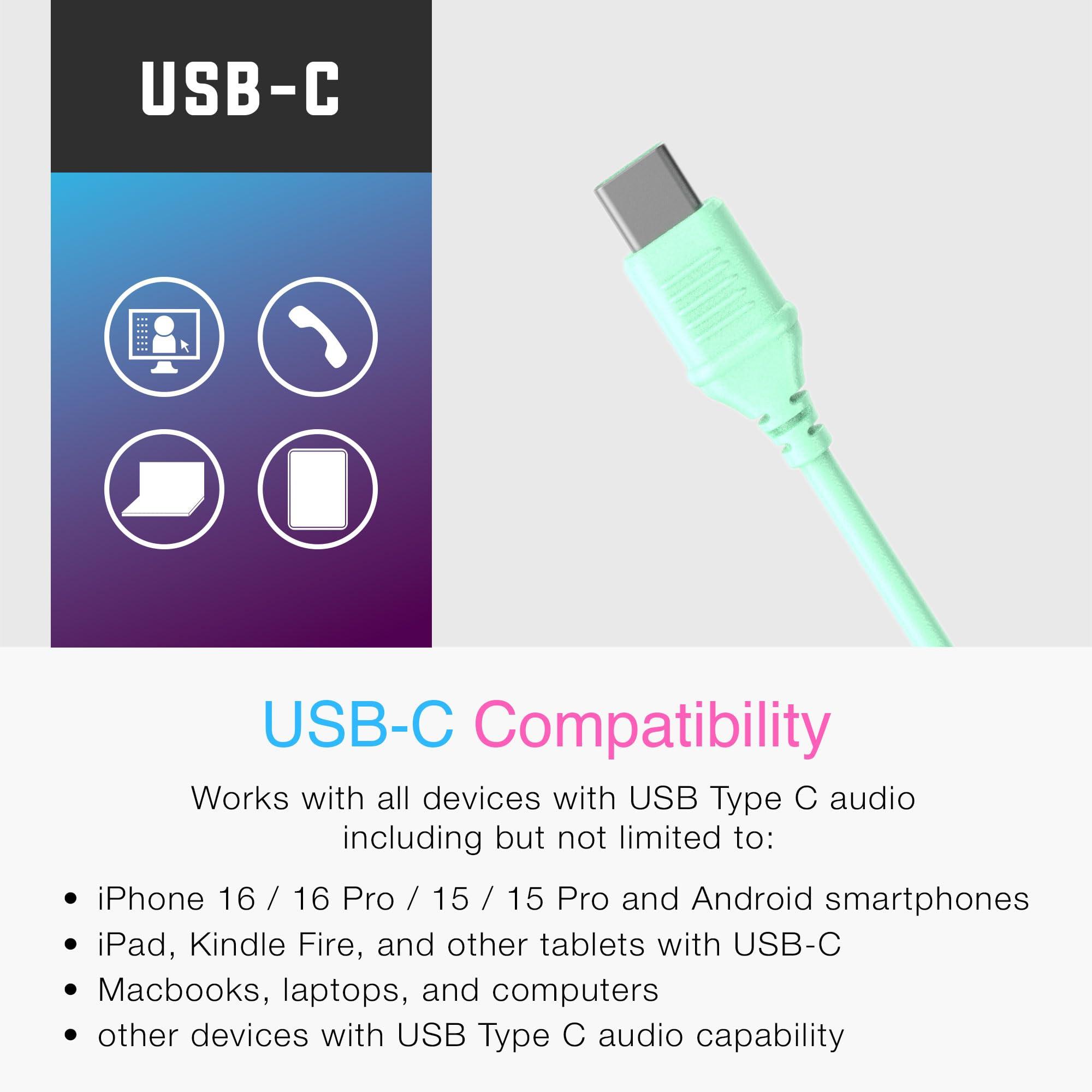 MEE audio MEE audio KidJamz KJ55 Safe Listening USB-C Headphones for Children with Multicolor LED Lights, Volume Limiter, & Microphone; On-Ear Wired Kids Headset for iPhone 16, iPad, & USB Type C Devices (Mint)