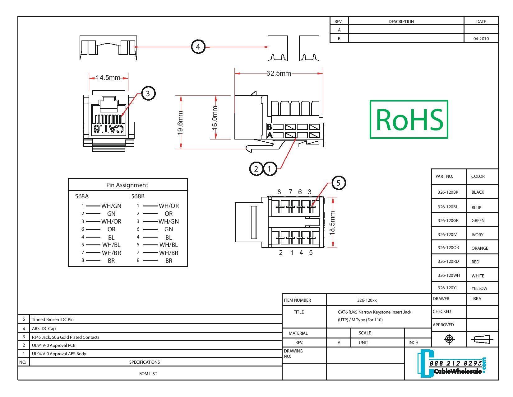 CableWholesale Cat6 Keystone Jack, Orange, RJ45 Female to 110 Punch Down, CableWholesale