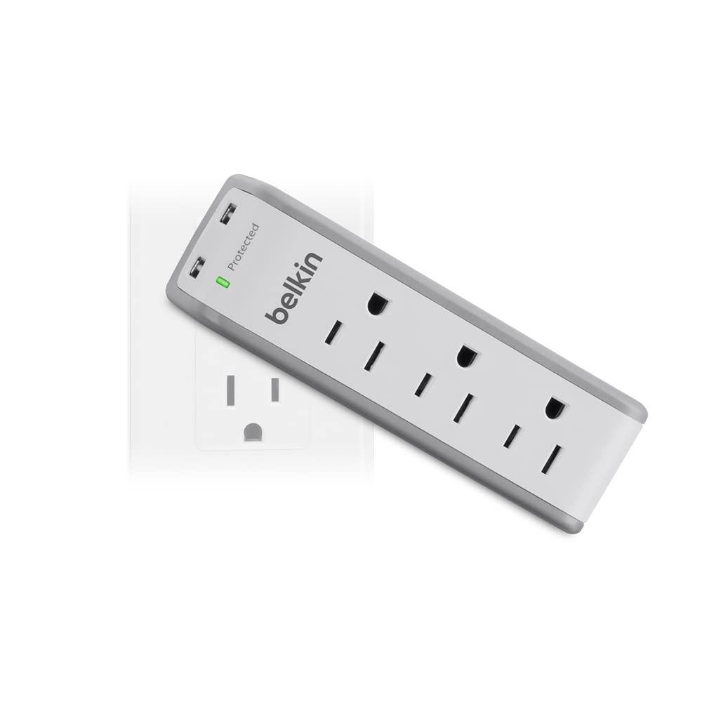 Belkin Belkin Wall Mount Surge Protector -3 AC Multi Outlets&2 USB Ports -Flat Rotating Plug Splitter - Wall Outlet Extender for Home,Office,Travel, Computer Desktop & Charging Brick (918 Joules) (Pack of 4)