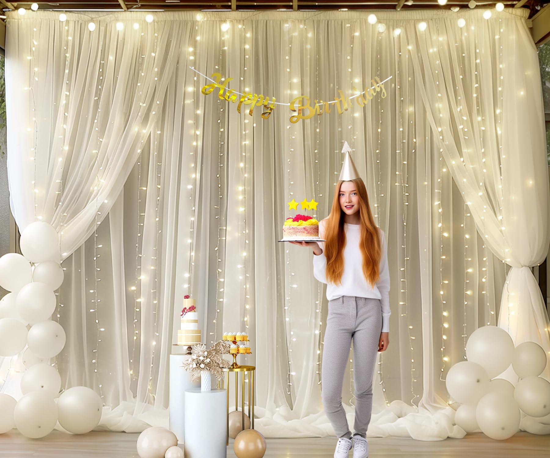 Suppromo Ivory Tulle Backdrop Curtains with Lights String for Parites Wedding 1010ft Sheer Backdrop Curtains for Baby Shower Birthday Party Photo Shoot Background Decorations