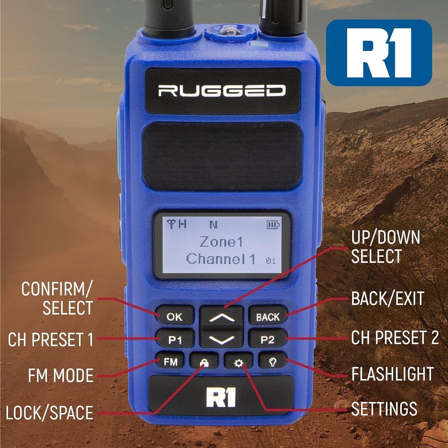 Rugged Radios Rugged Radios Ready Pack Two Way Handheld Radio Walkie Talkie is Easy to Grab and Ready for Any Emergency, Road Trip or Adventure. R1 2 Pack with Accessories