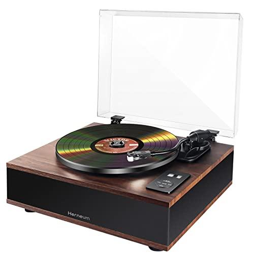 Herneum Record Player Bluetooth, Vintage Turntable with 2 Stereo Speakers Built-in Bluetooth Input Output for Double-Speed Vinyl Record Belt-Drive Manual Turntable Portable Record Player