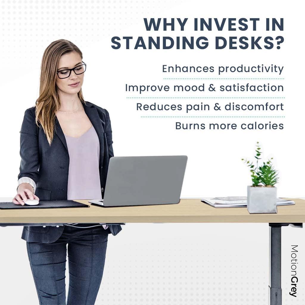 MOTIONGREY MotionGrey - German Electric Dual Motor Height Adjustable Standing Desk, Ergonomic Stand Up Desk, Adjustable Sit Stand Desk Stand - (Tabletop Included) (Black Frame - Brown Top)