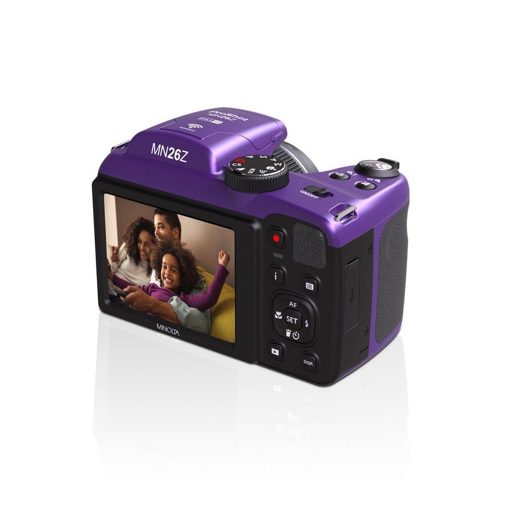 Minolta Minolta 20 Mega Pixels 26x Optical Zoom Digital Camera with 1080p FHD Video Bundle with 32 GB Memory Card + Vlogging Tripod + Cleaning kit + More Accessories - Purple
