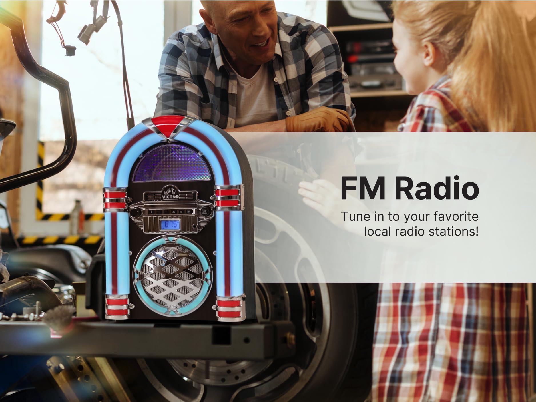 VICTOR VICTOR Wilshire Desktop Bluetooth Jukebox with FM Radio, Built-in Stereo Speaker and Multicolor LED Lighting, Black (VDTJ-1450-BK)