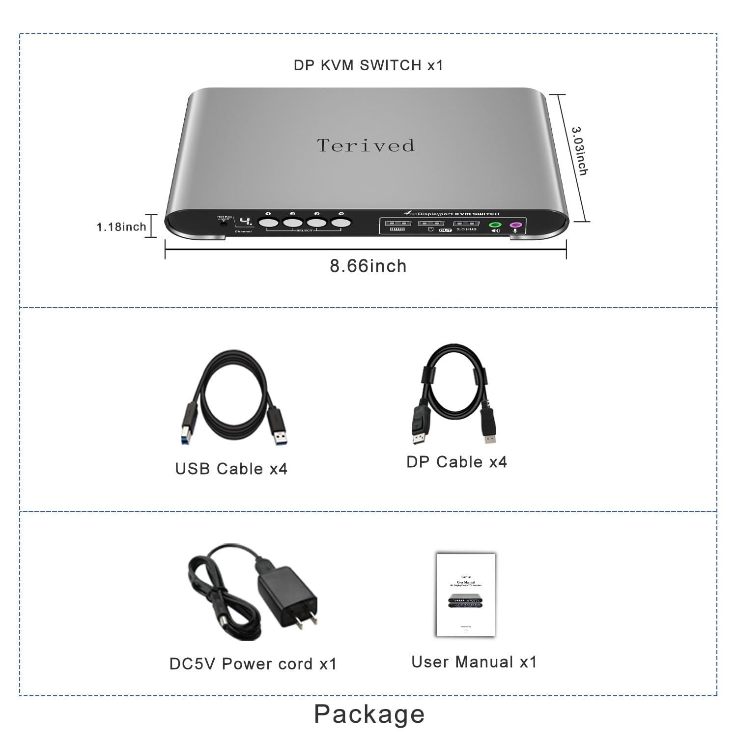 Terived Terived 4 Computers and 1 Monitor DP USB 3.0 KVM Switch 4K@144Hz with Hotkey Switching and Audio Port, Digital Display Aluminum Body Cables inclued