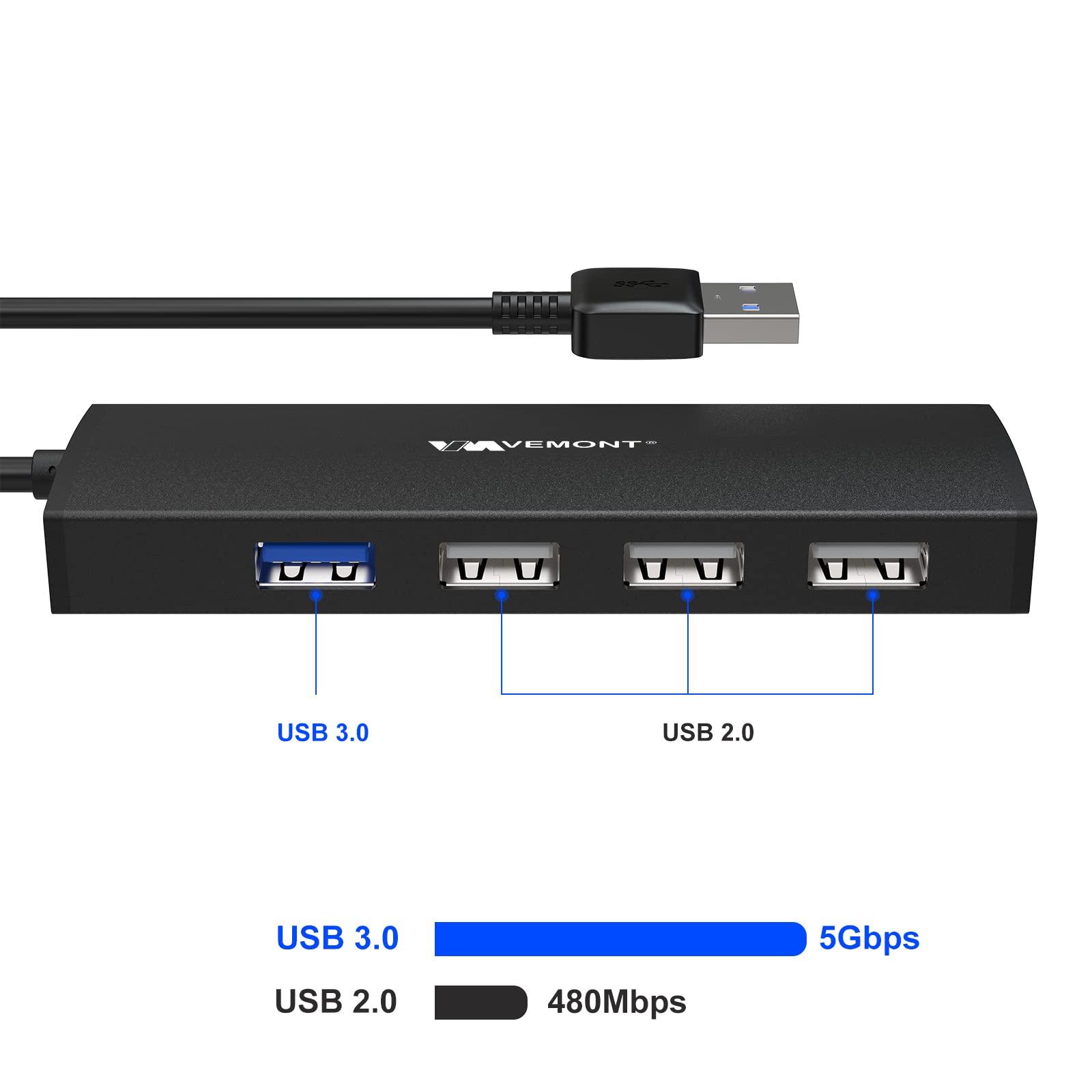 VEMONT USB Hub,VEMONT 4-Port USB 3.0/2.0 HUB,Ultra Slim Portable High-Speed USB Splitter Applicable for PC Laptop, Desktop, Notebook, MacBook and More