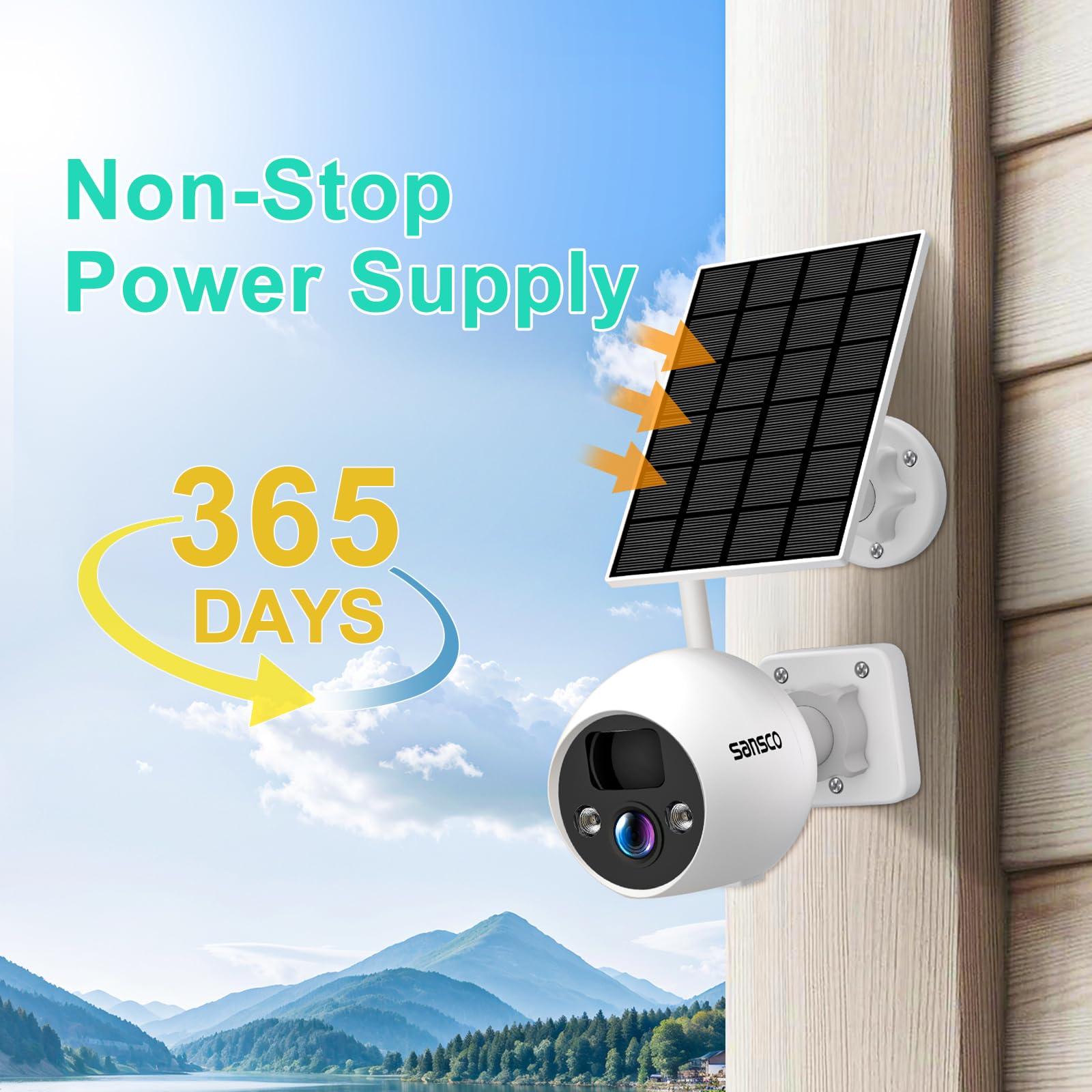 SANSCO [True Wire-Free] SANSCO Wireless Battery Powered Security Camera System with Solar Panels & 500GB HDD, 10 Channel 2K NVR Recorder, (4) 4MP Outdoor WiFi IP Cameras, 2 Way Audio, PIR Smart Detection