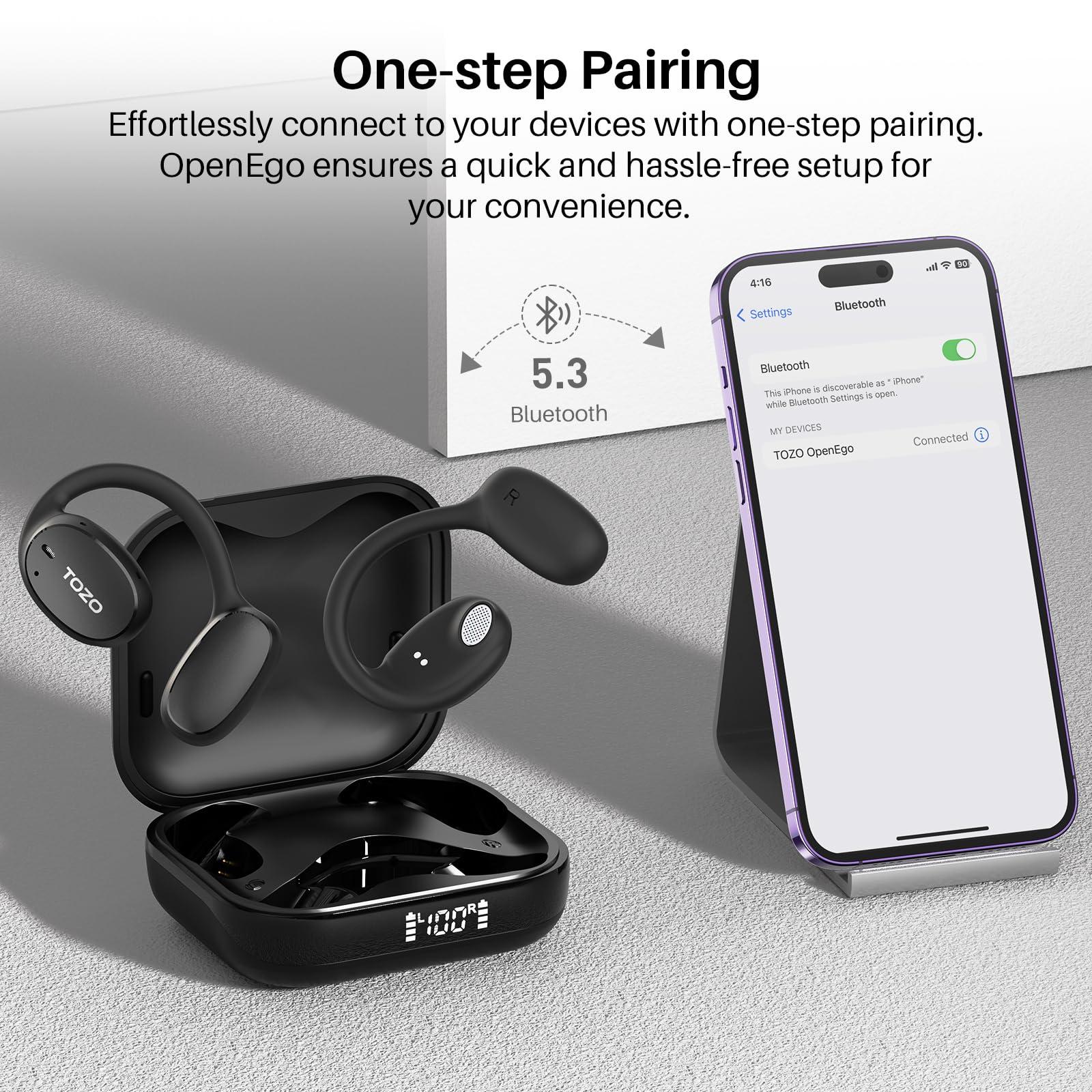 TOZO TOZO OpenEgo True Wireless Open Ear Headphone, 5.3 Bluetooth Sport Earbuds with Earhooks for 80H Playback with Digital Display, 32 EQ Modes Dual Mic Clear Call Sweat-Proof for Running Workout Black