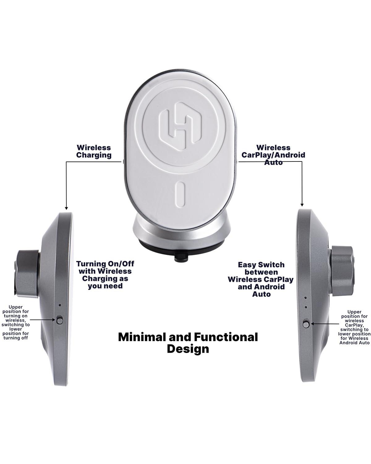 Malinto HexaCharge 3-in-1 Wireless Carplay Adapter 2024 & Magnetic Wireless Charging for iPhone and Android, Convert Wired to Wireless CarPlay and MagSafe Charging