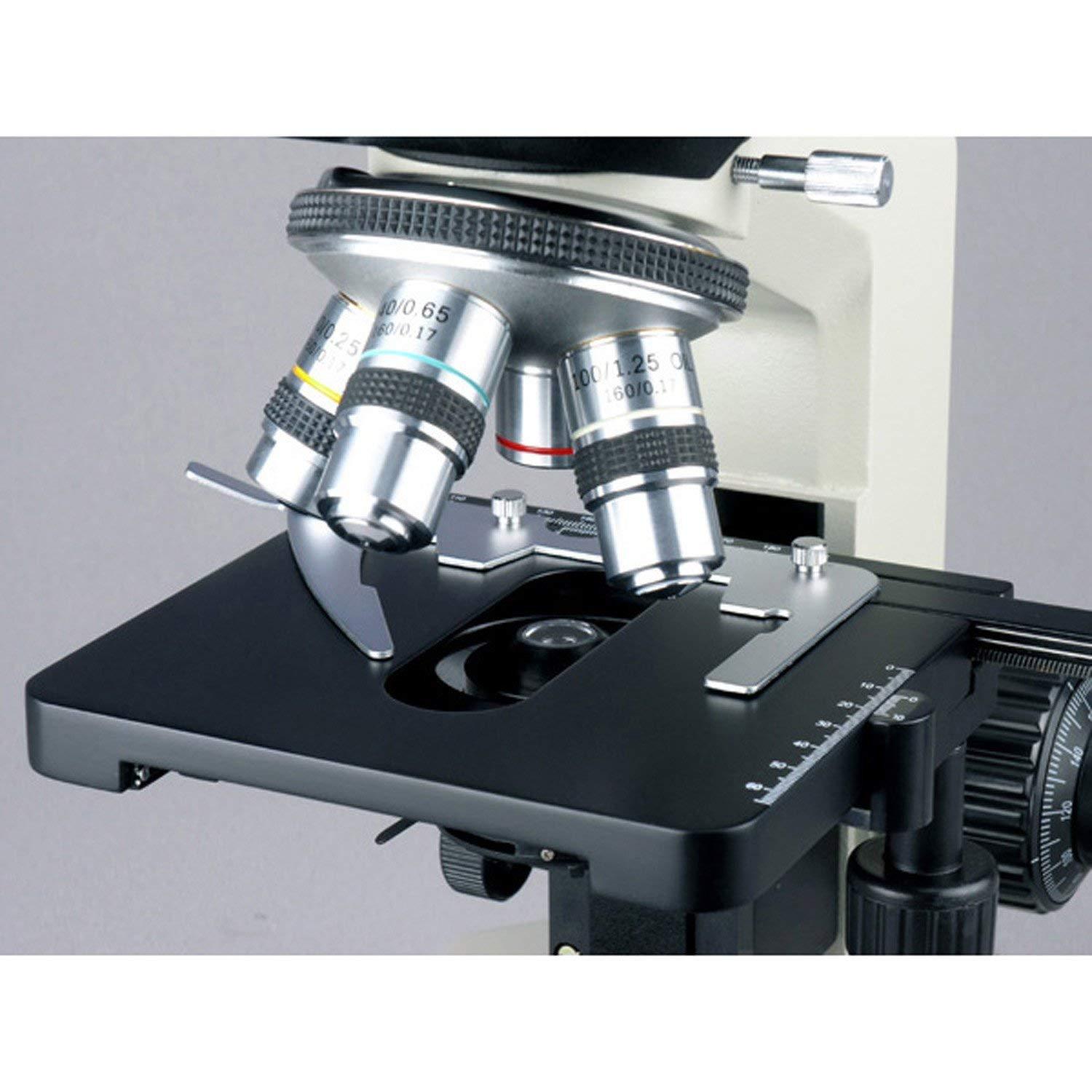 AmScope AmScope T490A-PCS Compound Trinocular Microscope, WF10x and WF16x Eyepieces, 40X-1600X Magnification, Brightfield, Halogen Illumination, Abbe Condenser, Double-Layer Mechanical Stage, Sliding Head, High-Resolution Optics, Includes 3 Phase-Contrast Ob