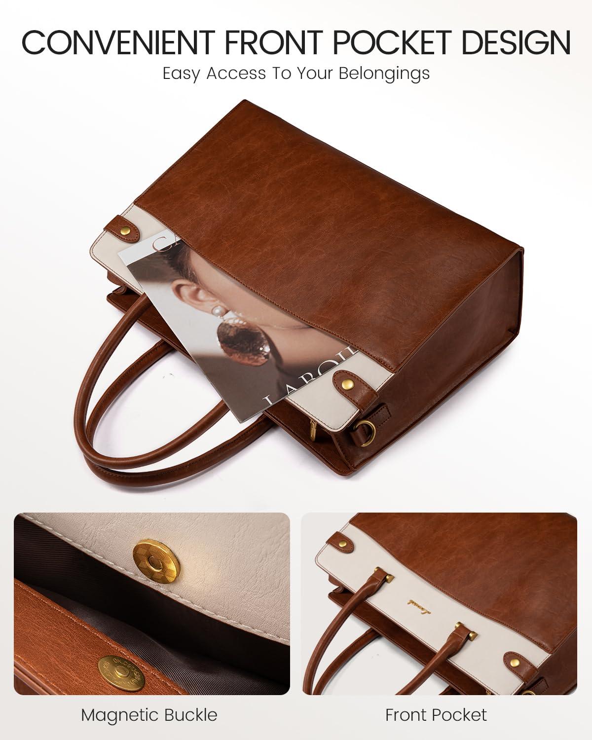 LOVEVOOK LOVEVOOK Laptop Bag for Women, Vintage Leather Laptop Tote Bag Work Bags for Women, Waterproof Computer Bag Business Office Briefcase Large Shoulder Handbag Purse, 17 Inch, Brown-Beige