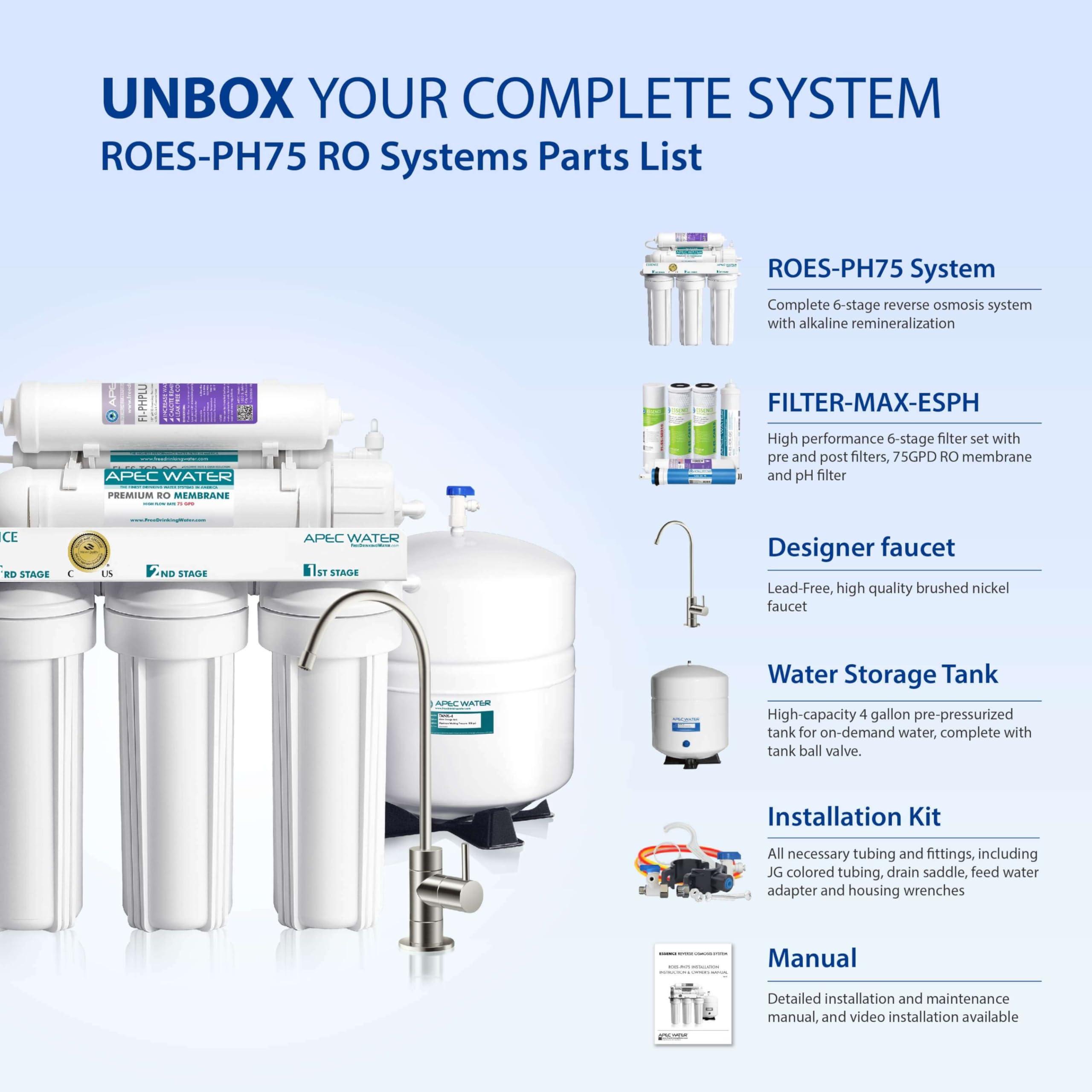 APEC Water Systems APEC Water Systems ROES-PH75 Essence Series Top Tier Alkaline Mineral pH+ 75 GPD 6-Stage Certified Ultra Safe Reverse Osmosis Drinking Water Filter System
